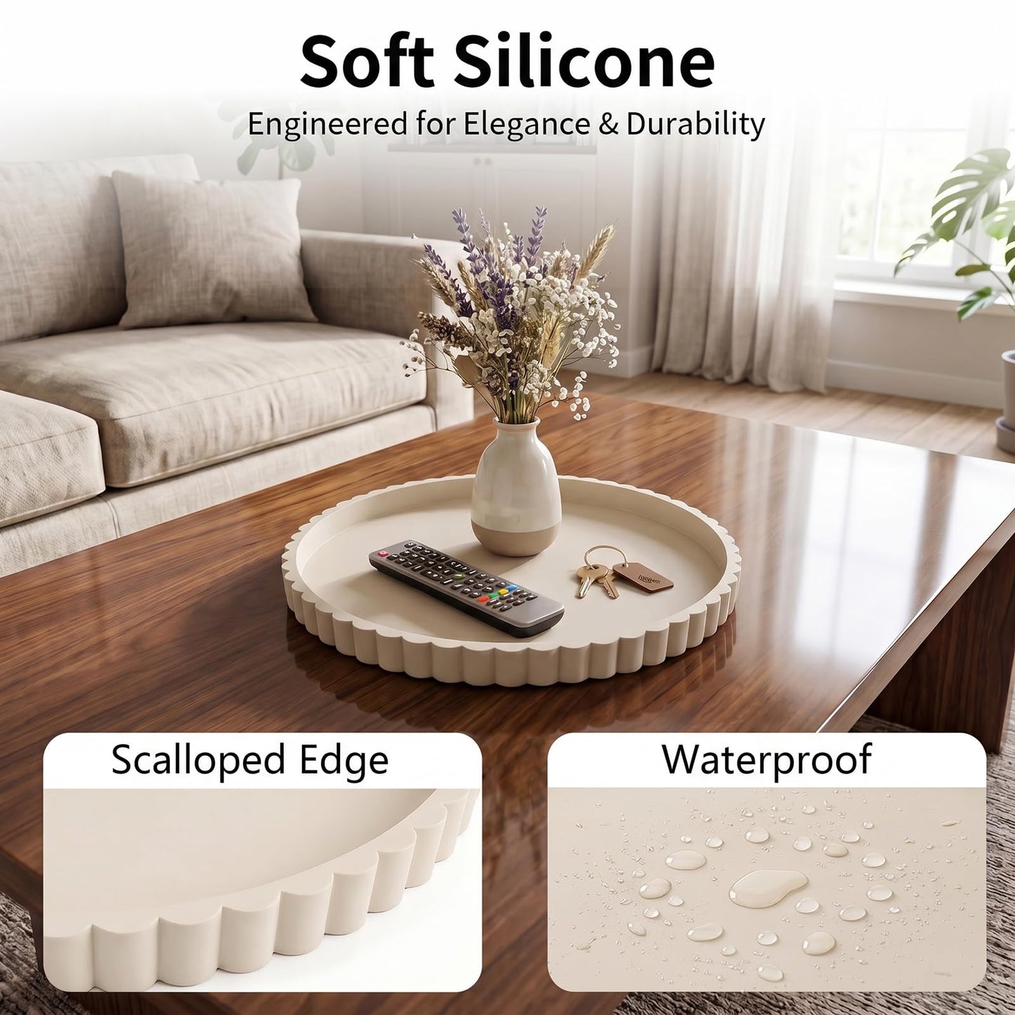 Silicone Bathroom Tray with Scalloped Edge, 30 x 30 cm Round Large Countertop Decorative Tray for Bathroom