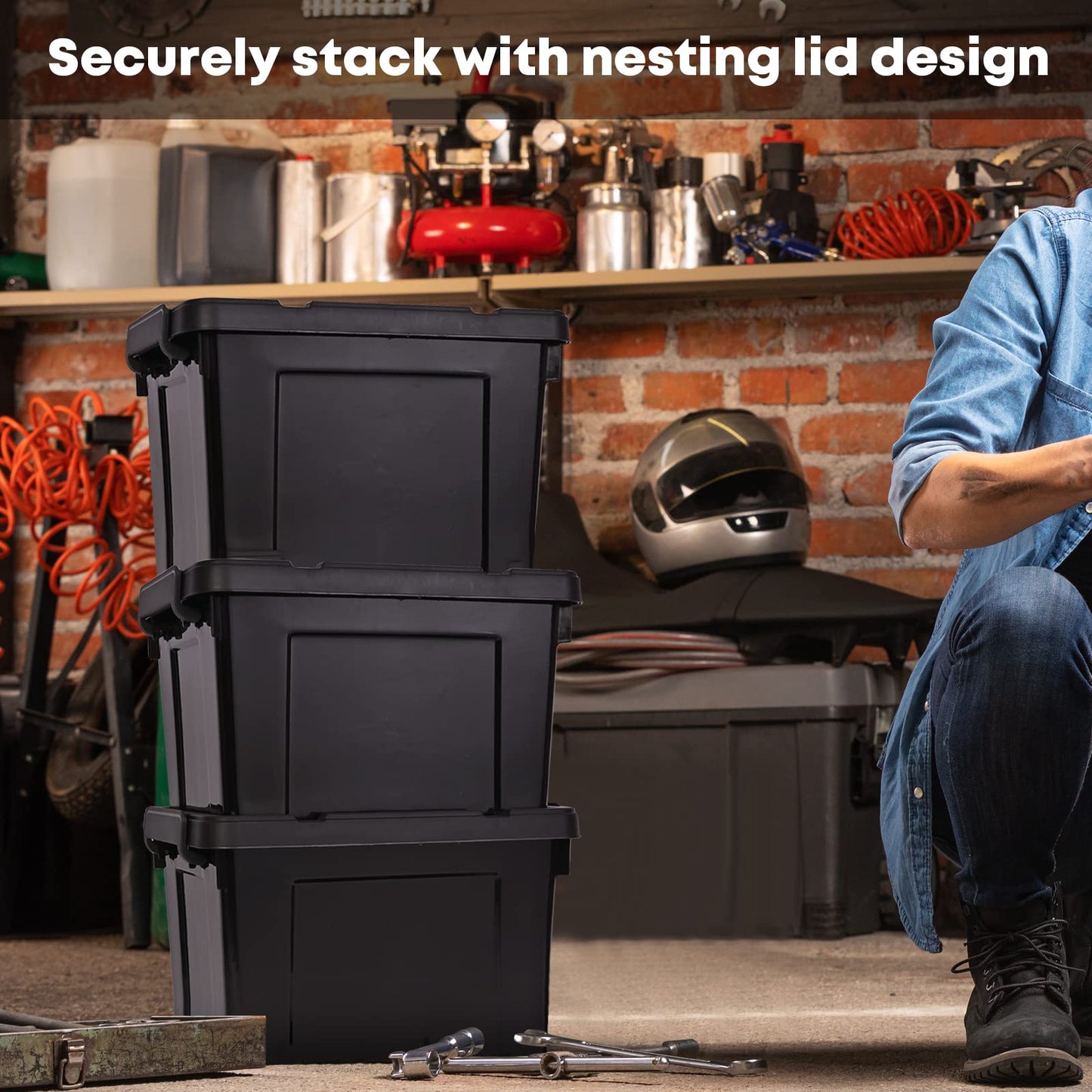 HOHAOO Storage Boxes,Set of 3 40L Heavy Duty Stackable Storage Boxes Nestable Black Plastic with Lids and Box Clip Locked for Shelves and Garage