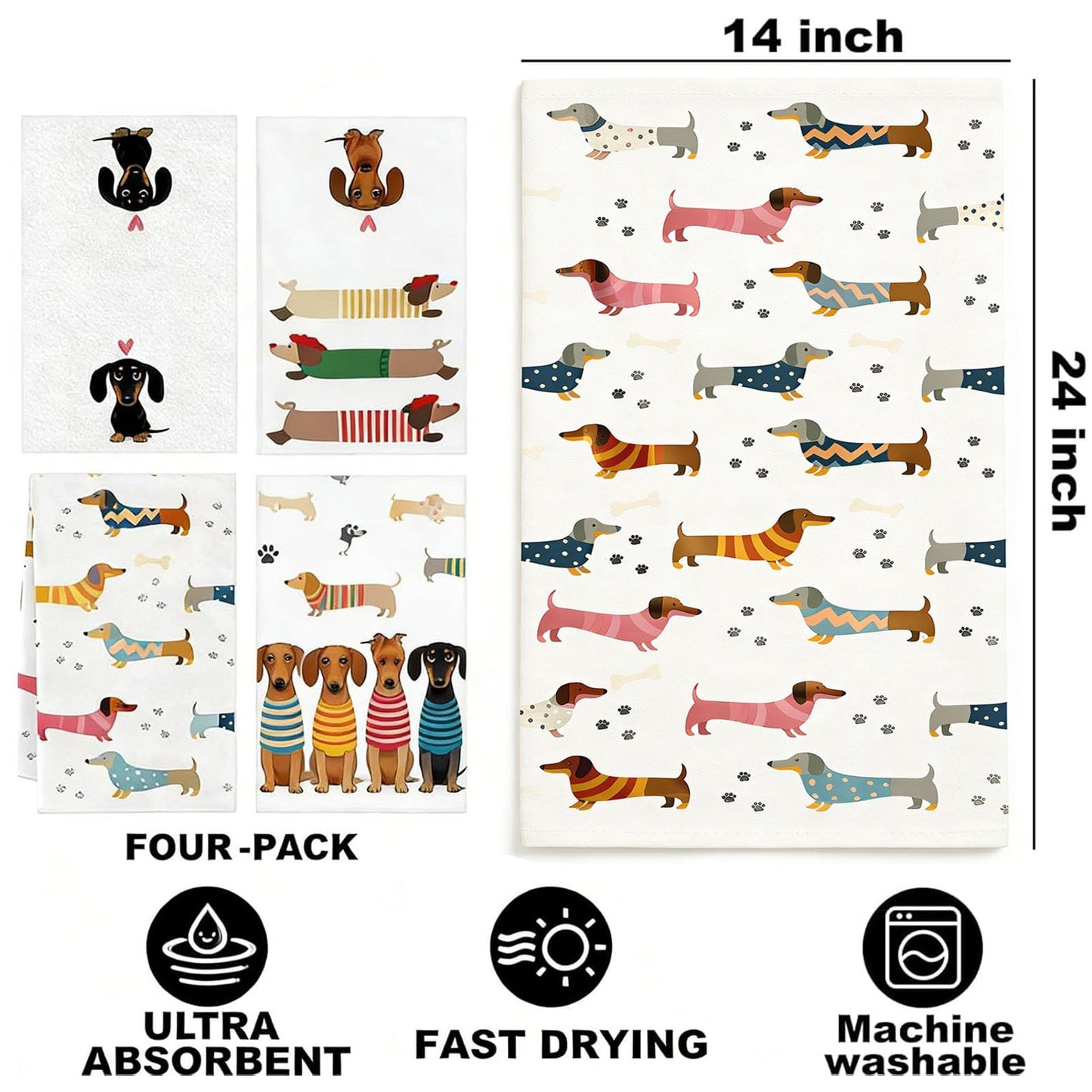 4 Pack sausage dog gifts and Dachshund Gifts Tea Towels sausage dog gifts for Kitchen Featuring Cute Sausage Dog Patterns -Dog Towels Made of Super