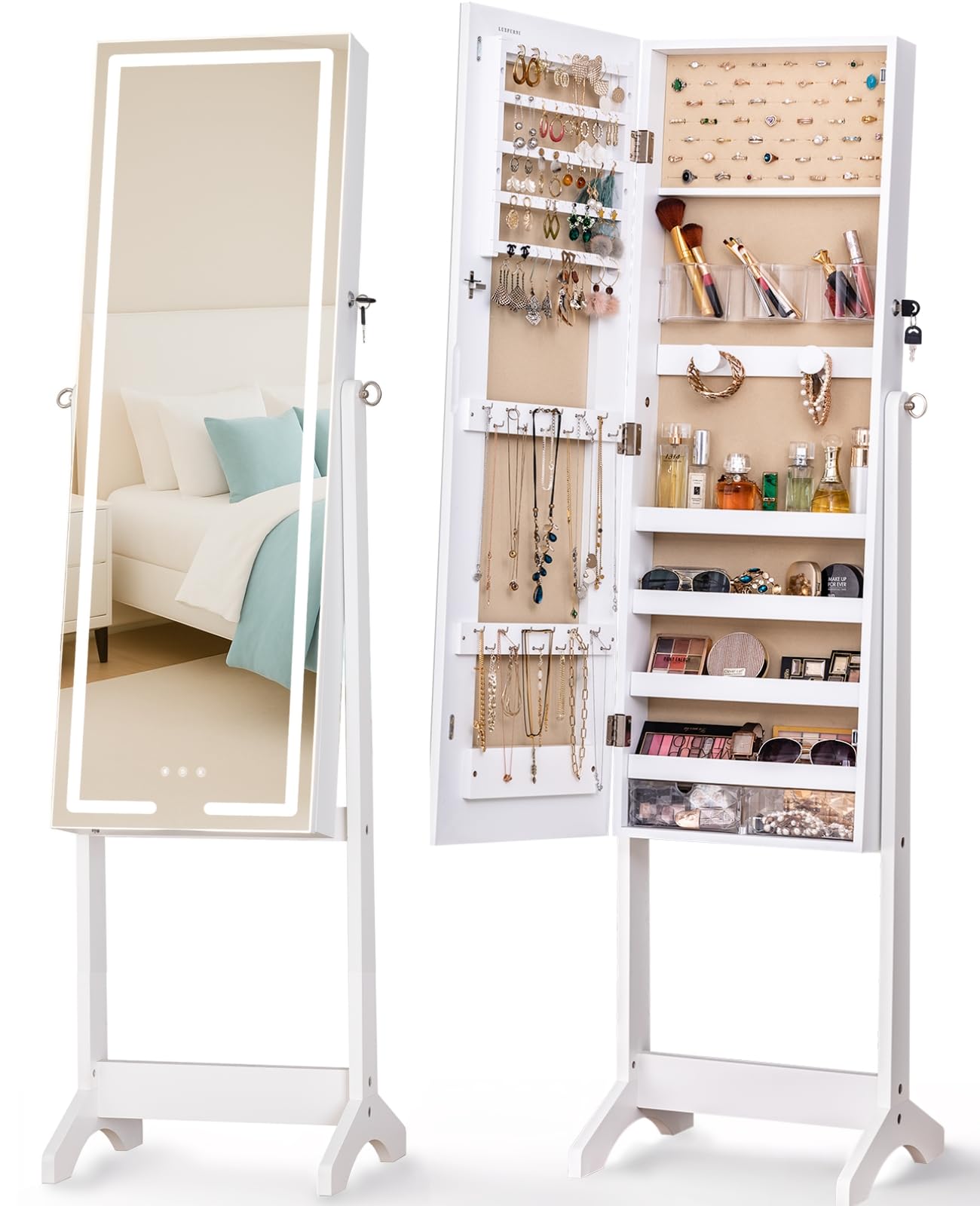 LUXFURNI Standing Jewelry Armoire Cabinet with Full‑Length Mirror Storage