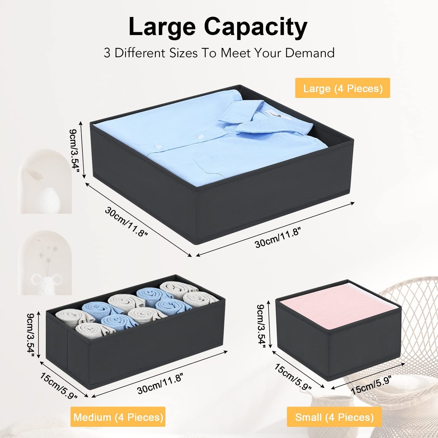 DIMJ 12 Pack Clothes Draw Organisers Fabric Drawer Dividers, 3 Size, Black