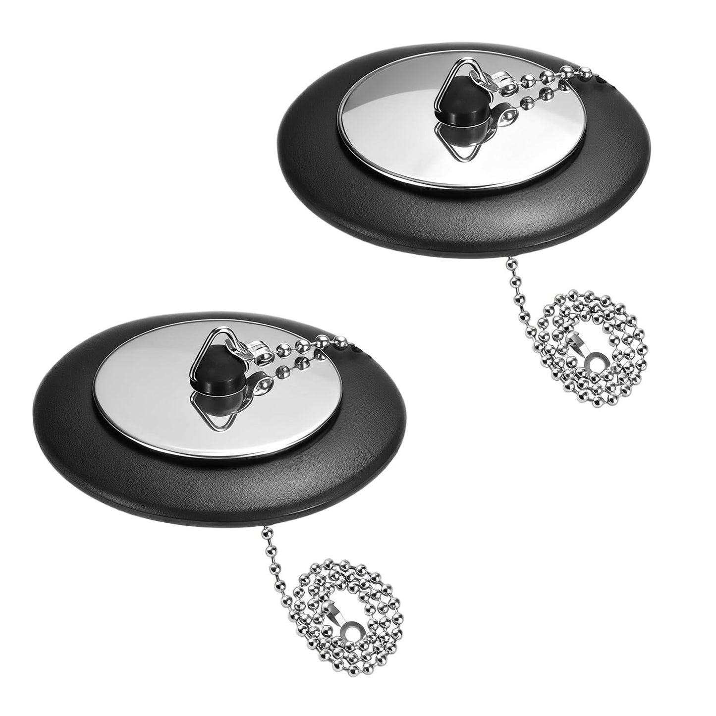 2 Pcs Universal bath plug with Stainless Steel Chain,bath plug and chain,bath plug replacement,43 mm to 45 mm Drain Stoppers Black Rubber for