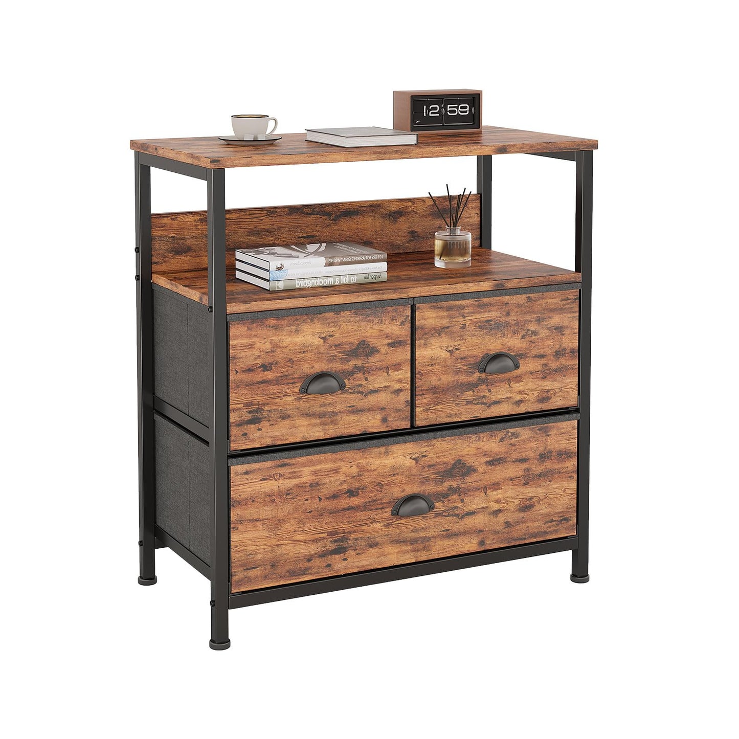 CAIYUN Bedside Table Cabinet with 3 Drawers for Bedroom, End Table Sofa Sid with Storage for Living Room, Nightstand with Metal Frame and Open Shelf