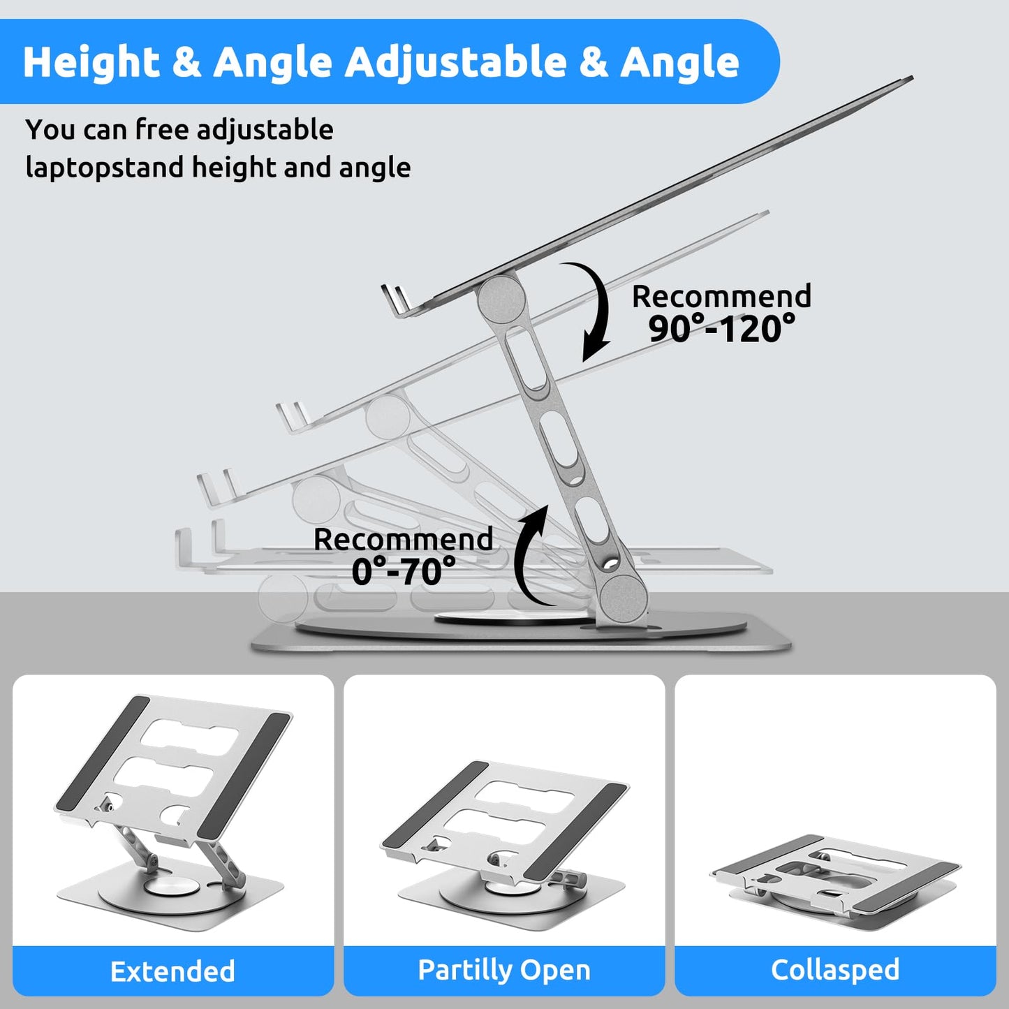 Laptop Stand for Desk with 360° Rotating Base,Ergonomic Foldable Notebook Holder,Height Adjustable & Muti-Angle Computer Riser