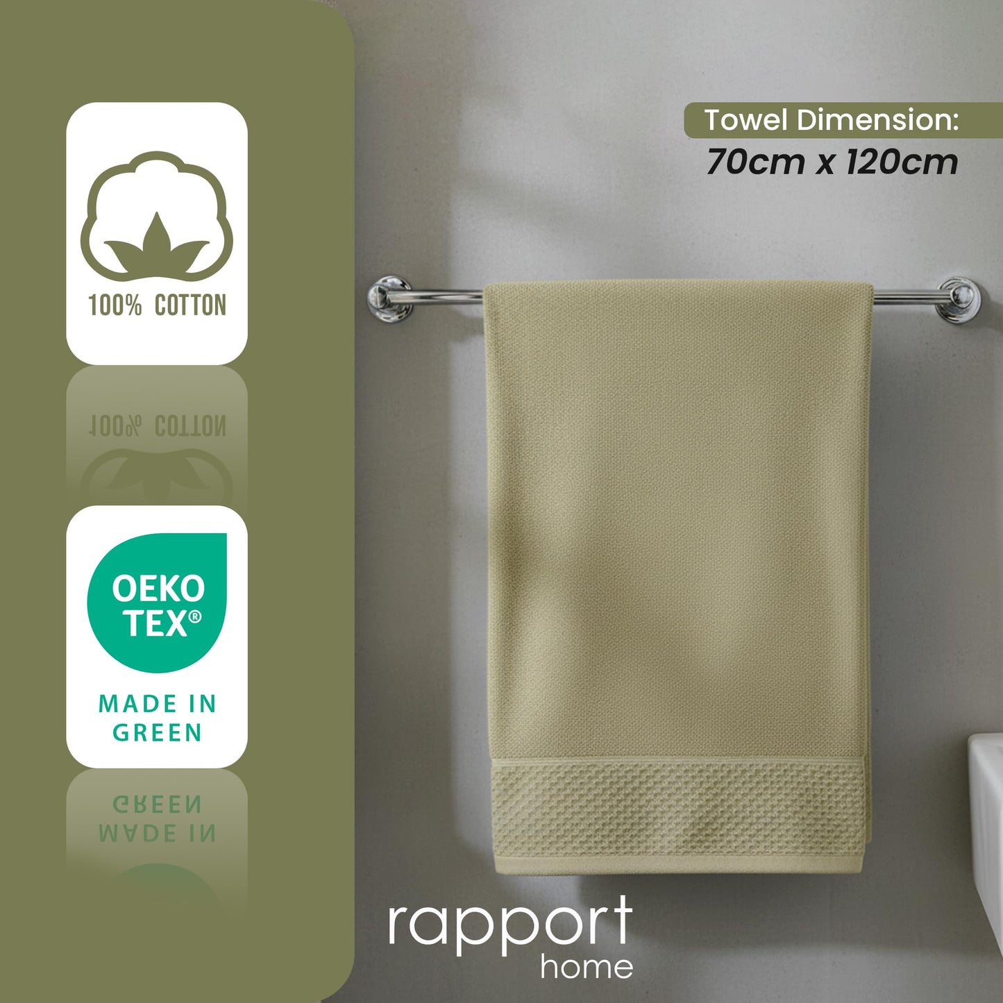 Rapport Home Eden Weave Bath Towels 2-Pack | Olive, 70x120cm | 100% Cotton 500gsm | Oeko-Tex Made in Green & BCI Certified