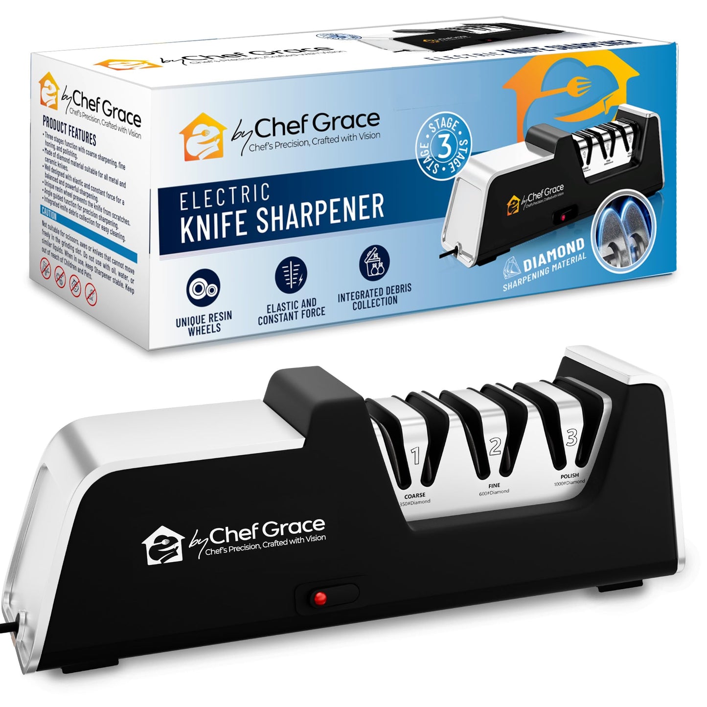 Three Stage Diamond Electric Knife Sharpener with 100% Diamond Abrasives. 15? Precision Angle Guides with 350 Grit, 600 Grit and 1000 grit for a