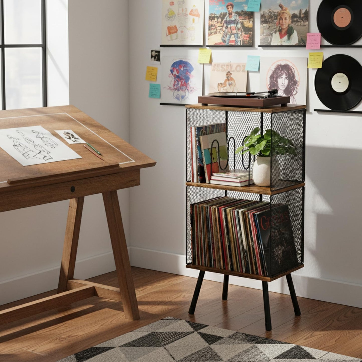 Kryntex 3-Tier Record Player Stand, Turntable Table with Vinyl Storage for 200 LPs, Corner Record Holder with Adjustable Dividers