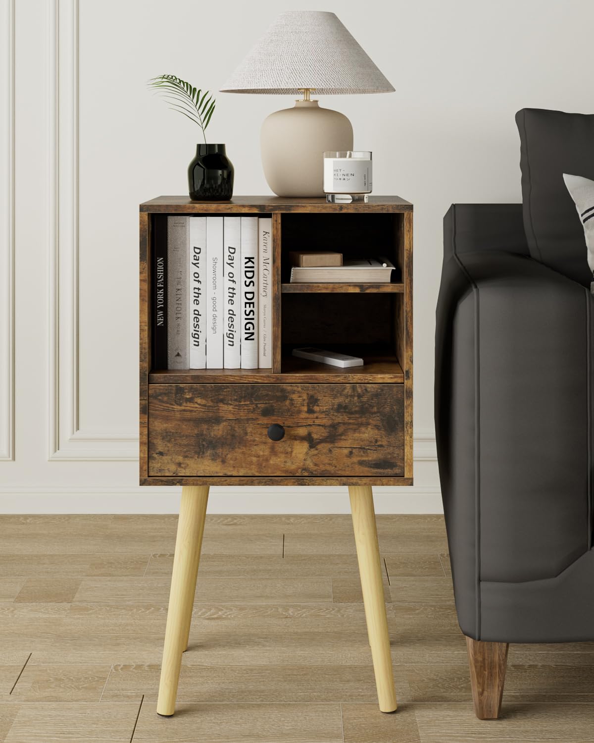 HEYZOEY Wooden Nightstand Mid-Century Modern Bedside Table, Rustic Brown