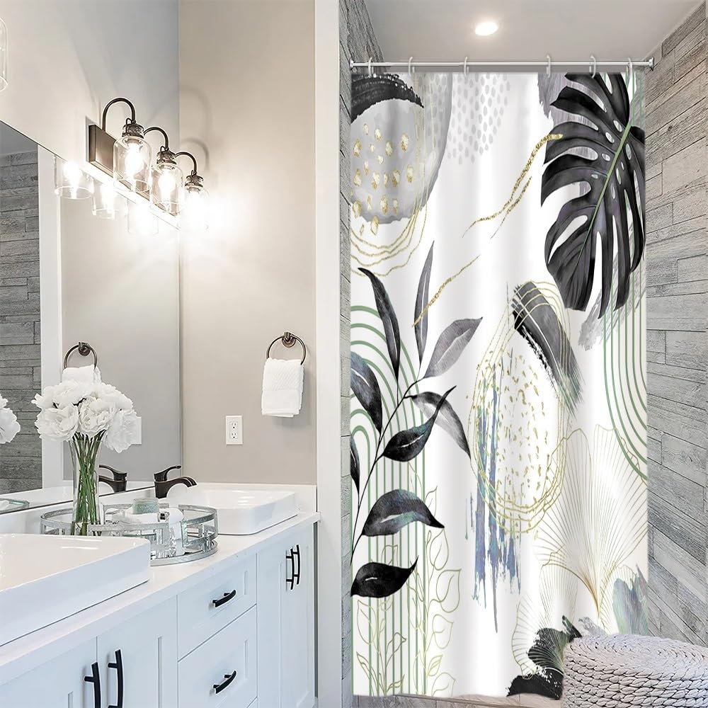 Uiiooazy Anti-Mould Shower Curtain, Narrow Shower Curtain 90 x 180 cm, Black Tropical Palm Leaves Jungle Small Bath Curtains Washable Waterproof