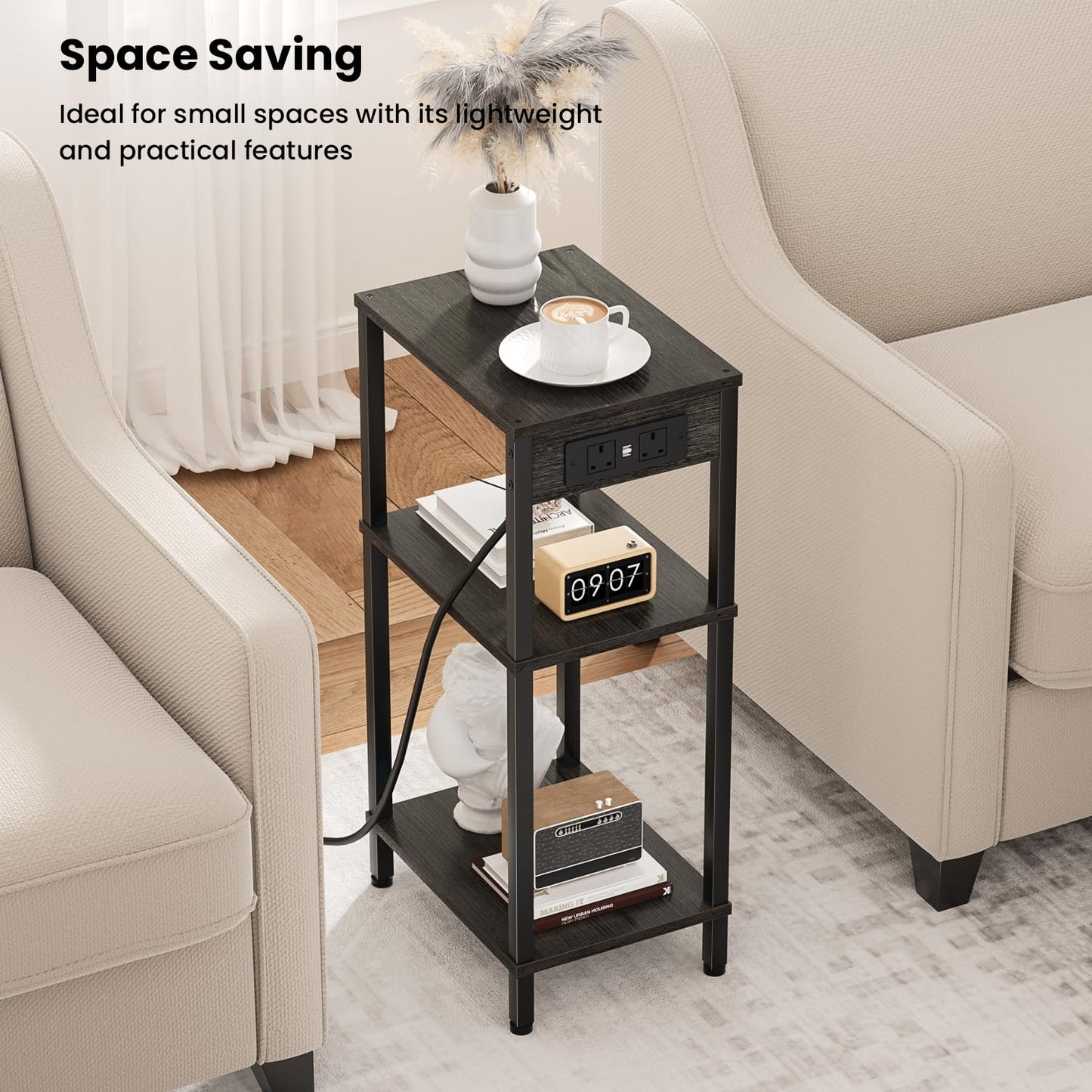 Asgolion Side Table with Charging Station, 3 Tier Tall Slim Side Table with USB Ports and Outlets, Narrow Tall Nightstand with Storage for Bedroom