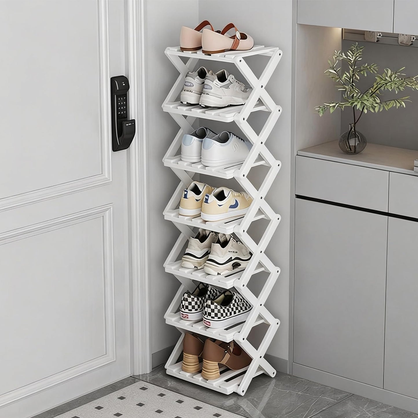GIRYES Small Shoe Rack White, 7 Tier Bamboo Foldable Shoes Organizer Free Standing Shelf for Entryway, Bedrooms, Closet, Living Room Corner