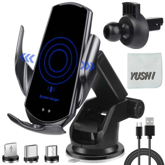 YUSHIHU Wireless Car Charger,15 W Qi Charging, Automatic Sensor Auto-Clamping Car Phone Holder, Windshield Dashboard Air Vent Phone Mount,compatible