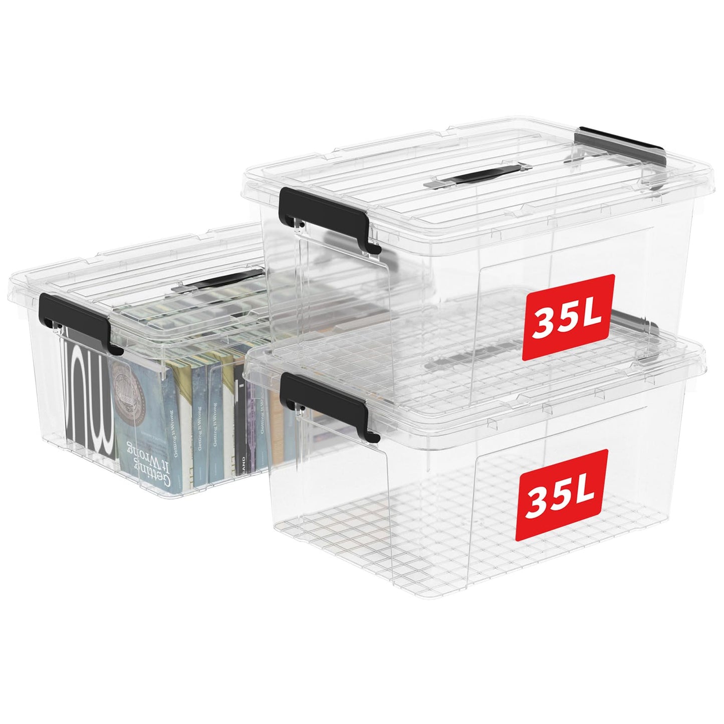 Cetomo 35L*3 Storage Boxes, Carry Plastic Storage Box with Lids, Clear Organizing Container with Handle and Secure Latches