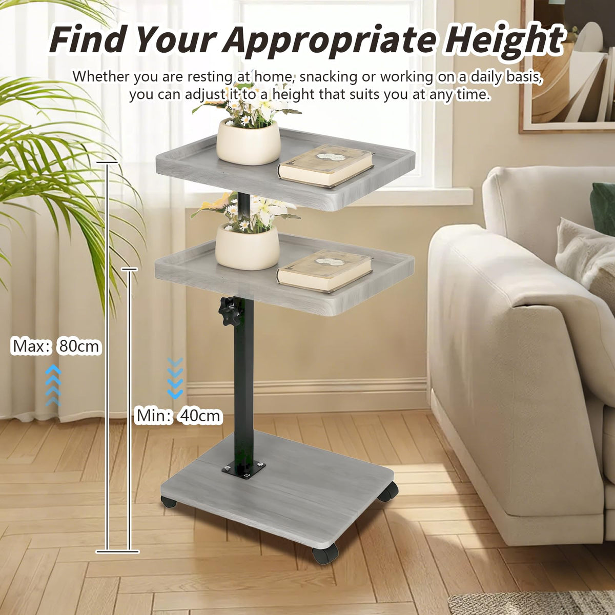 XUDREZ Adjustable Side Table, C Shaped Small Table with 4 Wheels 364° Swivel Tray, End Table for Living Room Bedroom Sofa Small Spaces