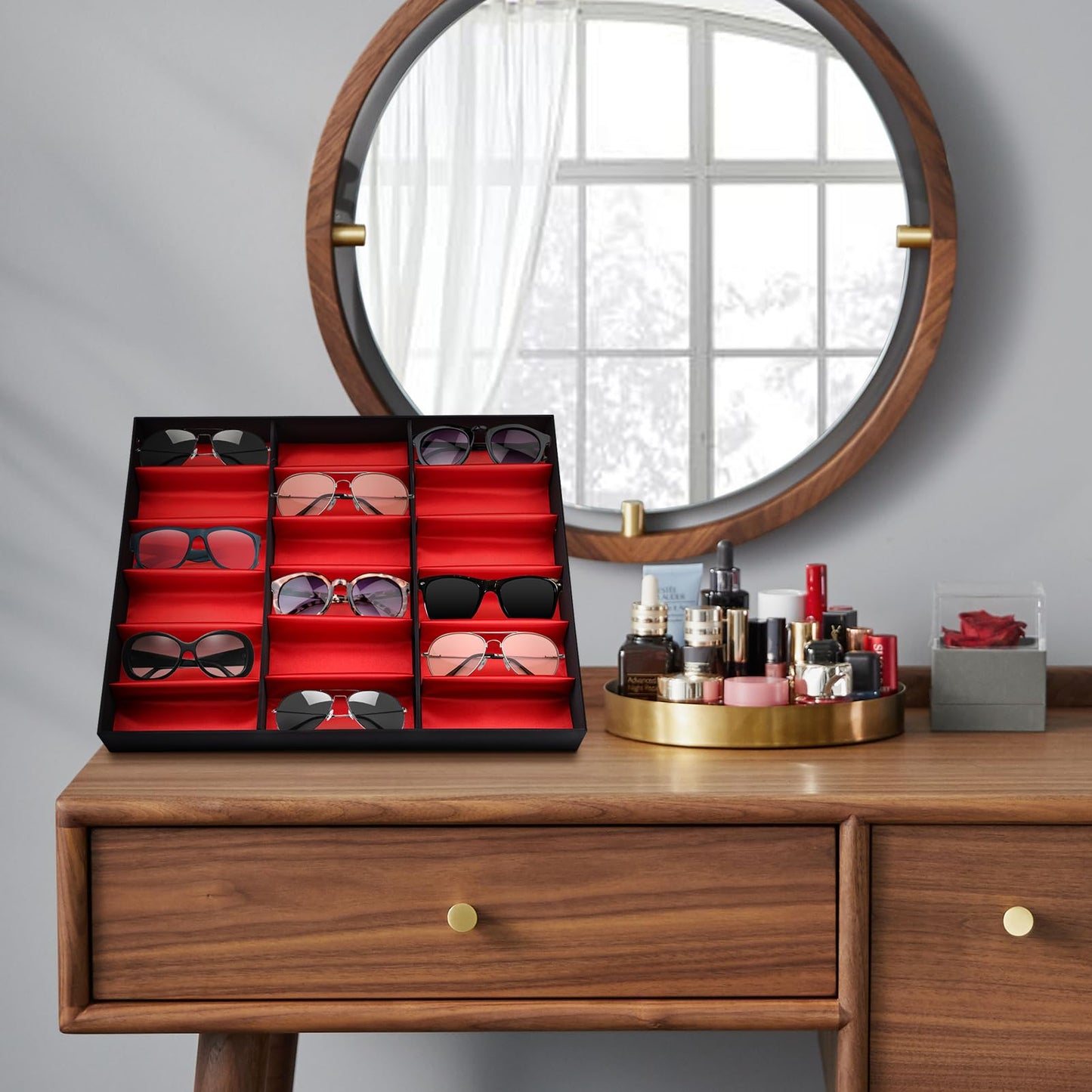 Wakects Sunglasses Storage Holder Box, 18 Grids Display Organiser with Metal Snap Buttons, 47 x 37.1 x 6.1cm
