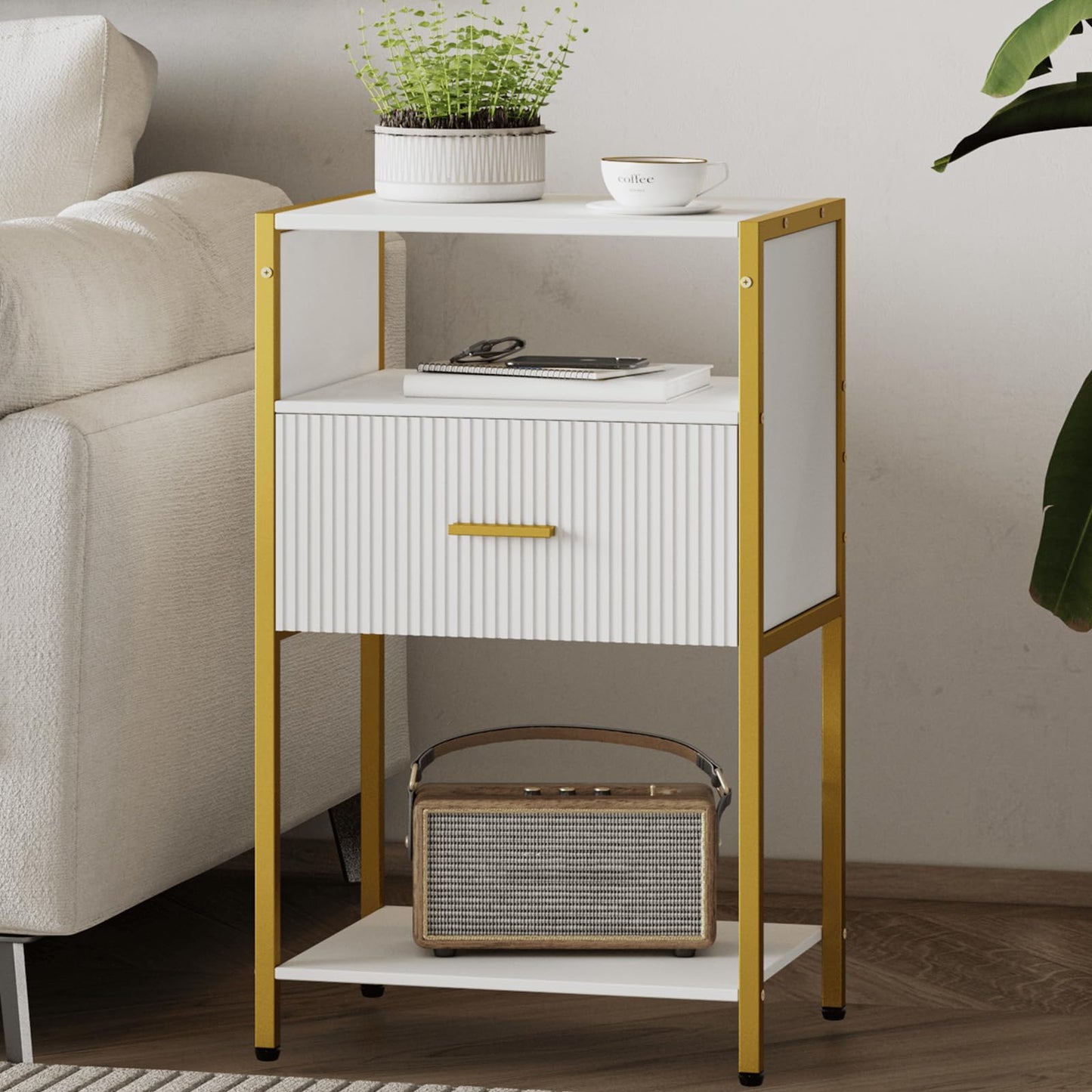 JERX Bedside Table, Nightstand with Storage Drawer and Open Wood Shelf, Bedside Cabinet for Living Room, Bedroom and Small Spaces, Metal Frame