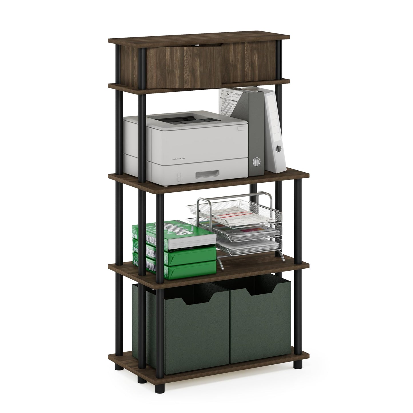Furinno TURN-N-TUBE Printer Stand with Storage, 5-Tier Large Printer Stand, Standing Printer Table with Top Cabinet, for CPU, Office Supplies