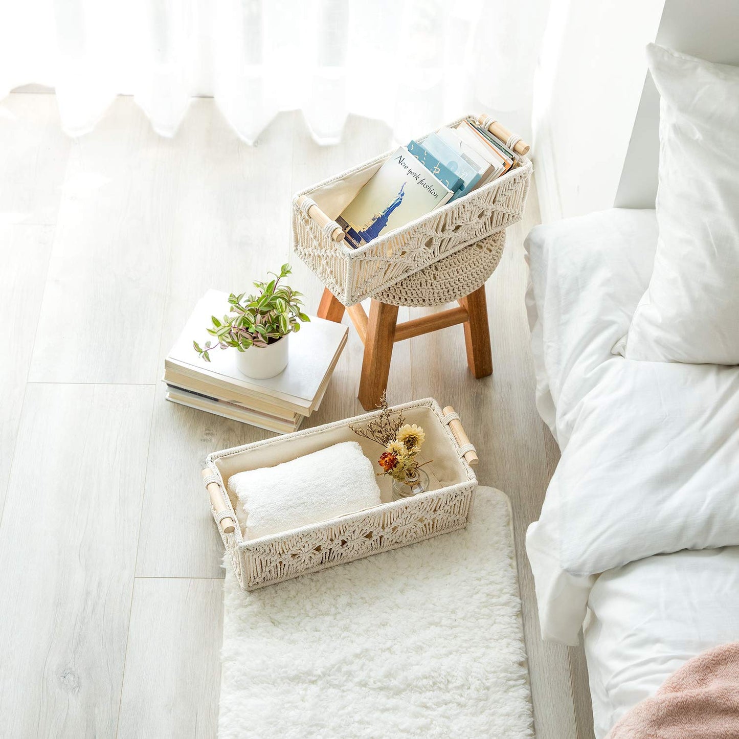 Mkono Macrame Storage Baskets Decor Box Handmade Woven Decorative Countertop Toilet Tank Shelf Cabinet Organizer Boho Decor for Bedroom Nursery