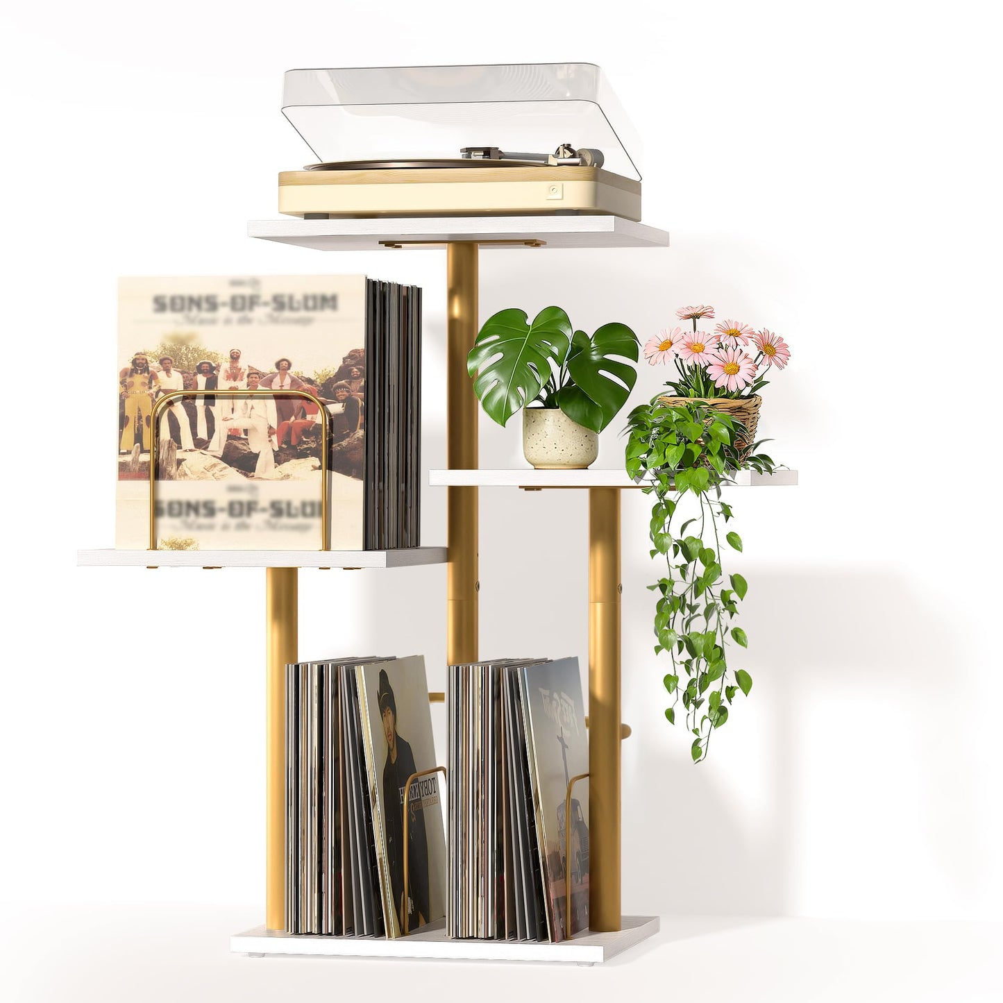 Bikoney Botanical Record Player Stand with LP Vinyl Display Shelf - Gold