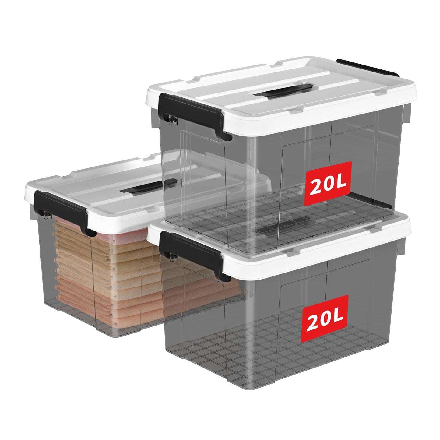 Cetomo 20L*3 Storage Boxes, Carry Plastic Storage Box with Lids, Organizing Container with Handle and Secure Latching Buckles, Stackable, Nestable