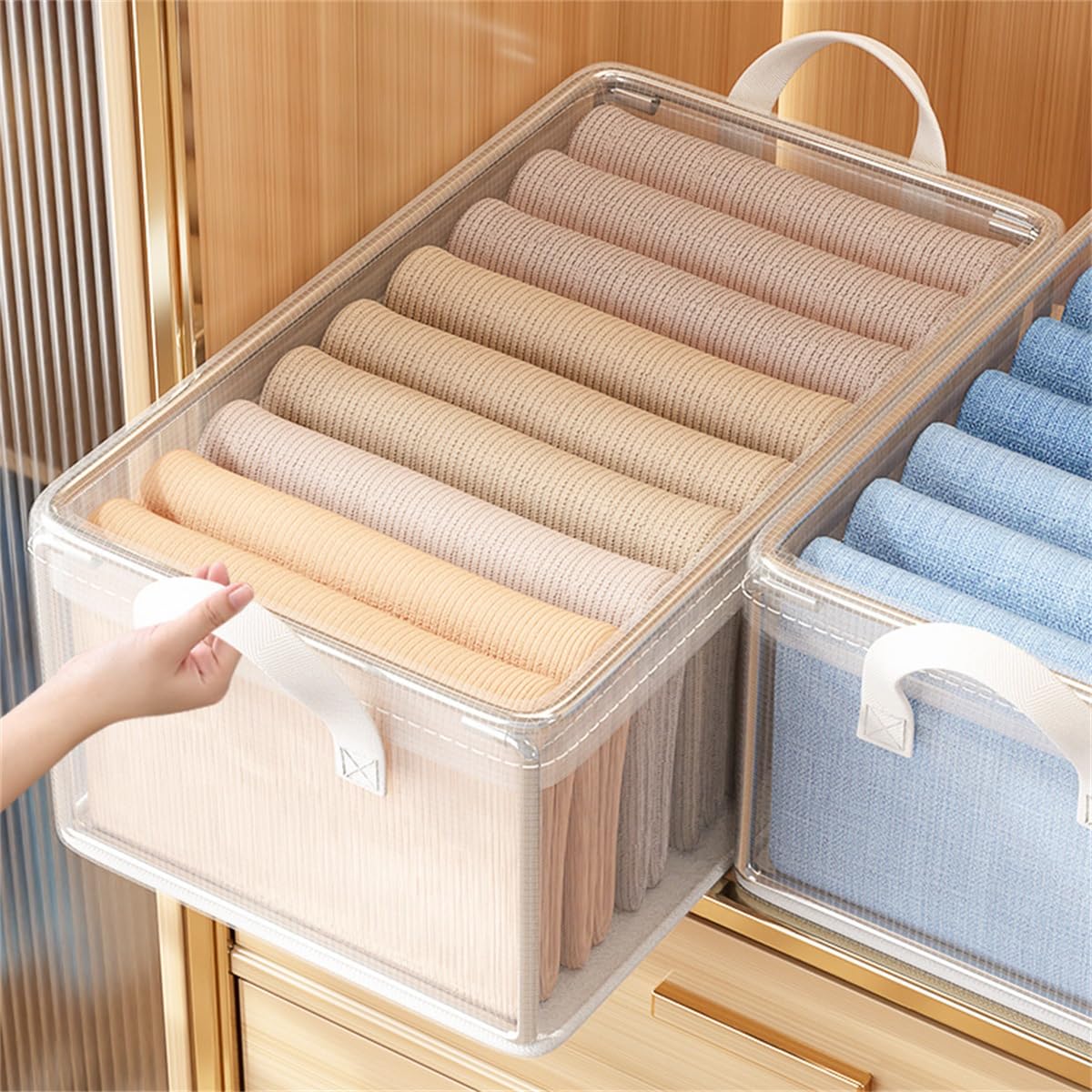 wintfarm 3pcs wardrobe storage organiser,clear foldable storage boxes with Steel Frame,wardrobe storage organiser with lid,storage cubes for jeans