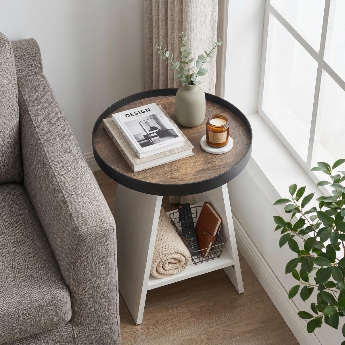 ZEXVIDA 2-Tier Round End Table with 17.7 inch Tray Top, White