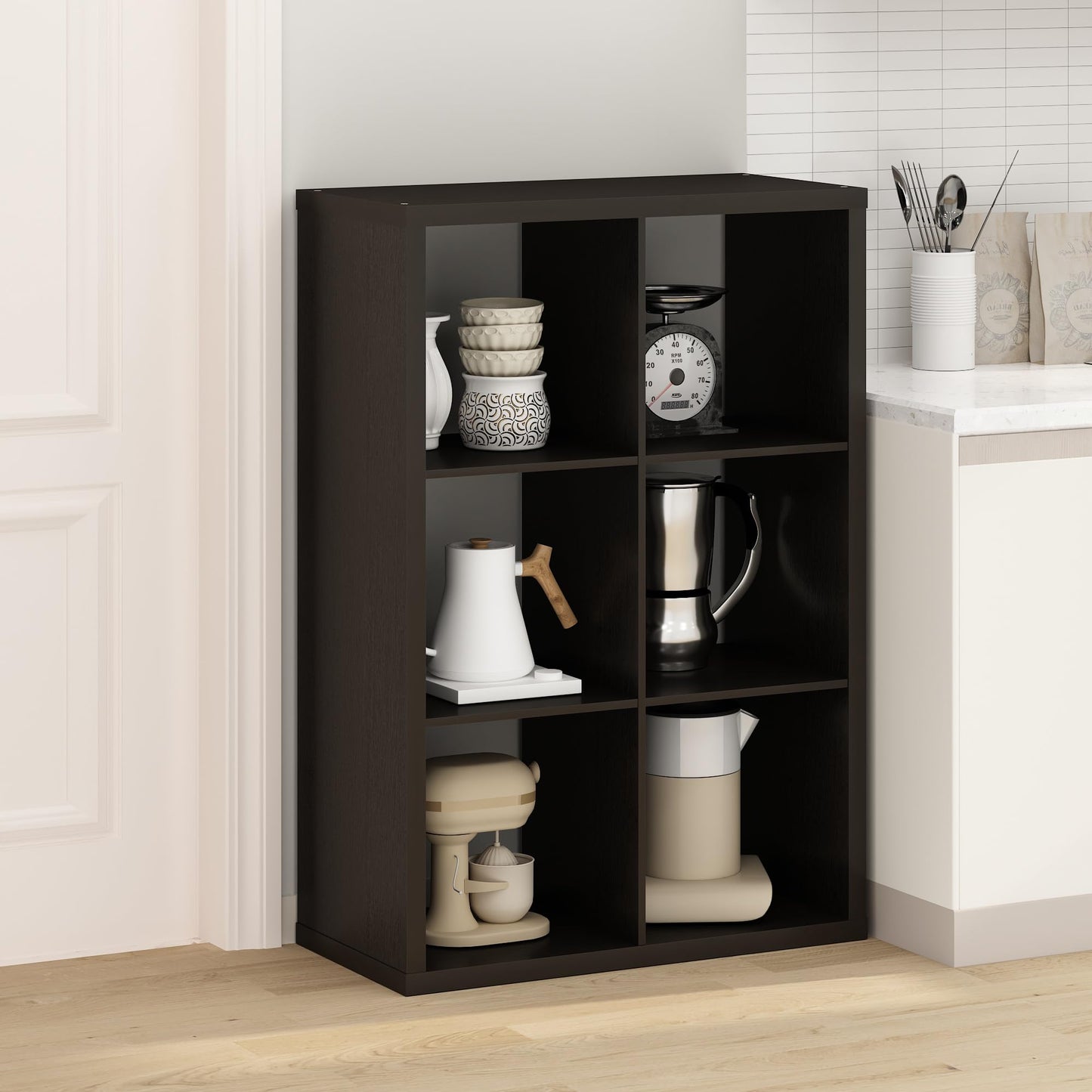Furinno HERMITE Kitchen Island, 6-Cube Coffee Bar, Kitchen Storage, Bakers Rack, for Pantry Organizers and Storage, Kitchen Organization, Black Oak