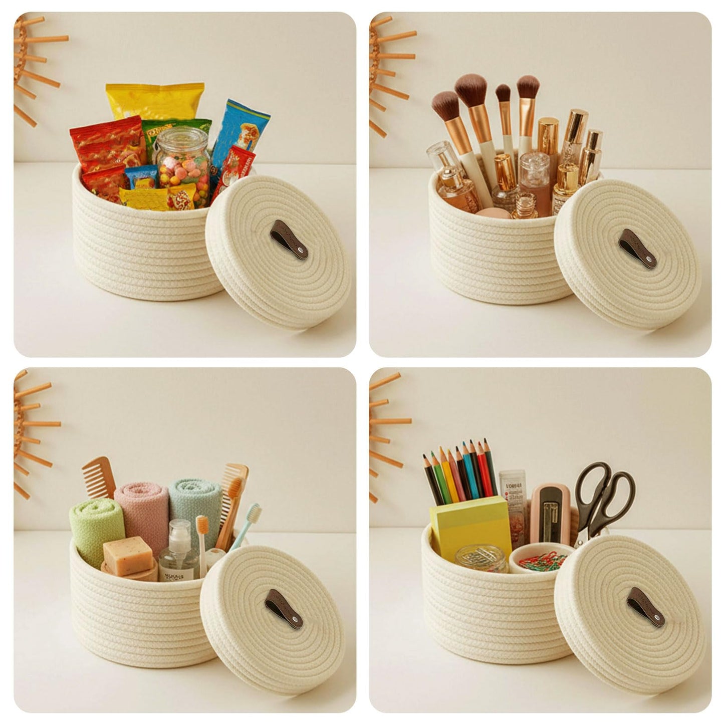 Set of 2 Storage Basket with Lid, Round Cotton Rope Decorative Basket with Leather Handles, Multifunctional Woven Baskets for Shelves, Bedroom