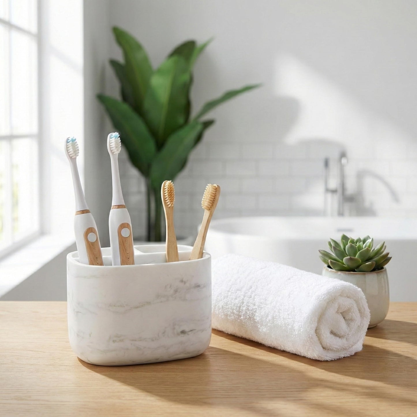 Electric Toothbrush Holder 3 Compartments, White Marble Effect