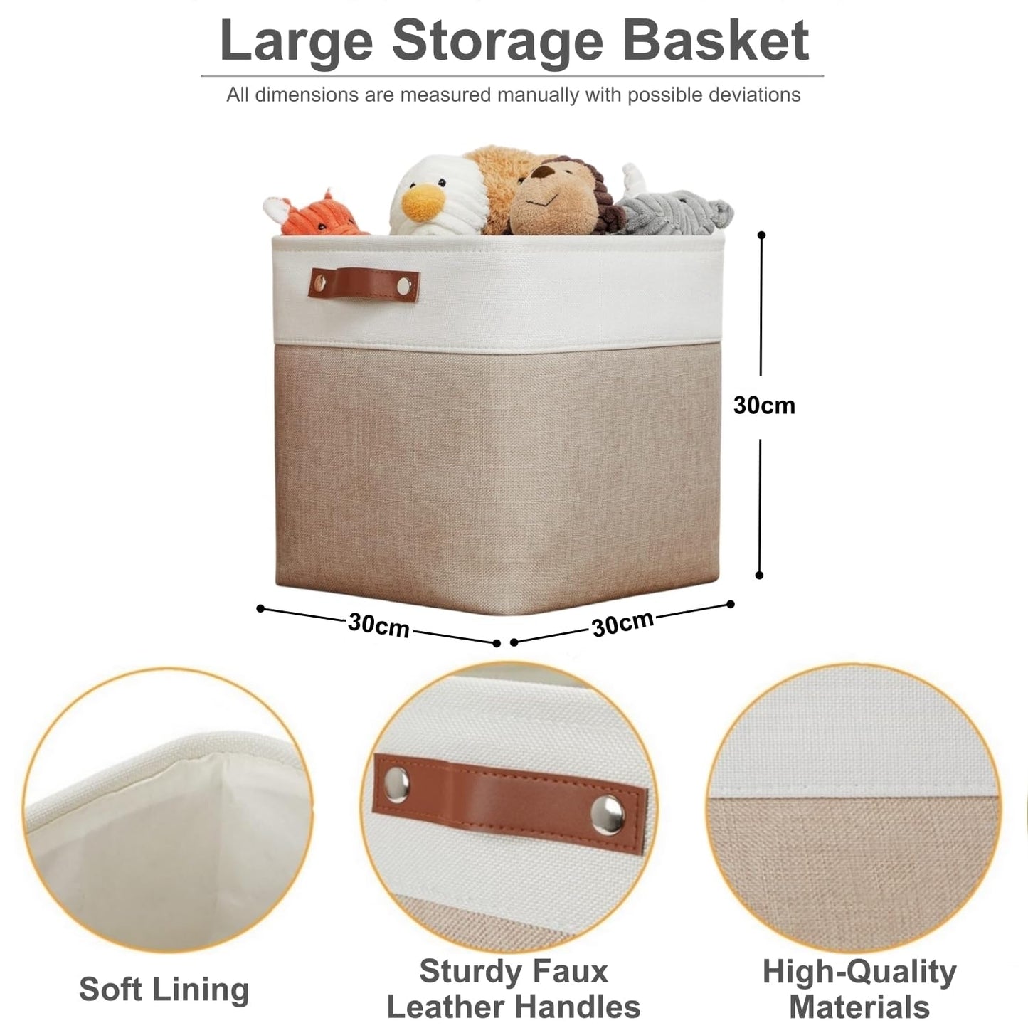 VIIHTYISA Fabric Storage Box, 4-Piece Set 30x30x30cm Cube Storage Boxes with Faux Leather Handle for Cube Shelves, Closet, Wardrobes | Khaki & White
