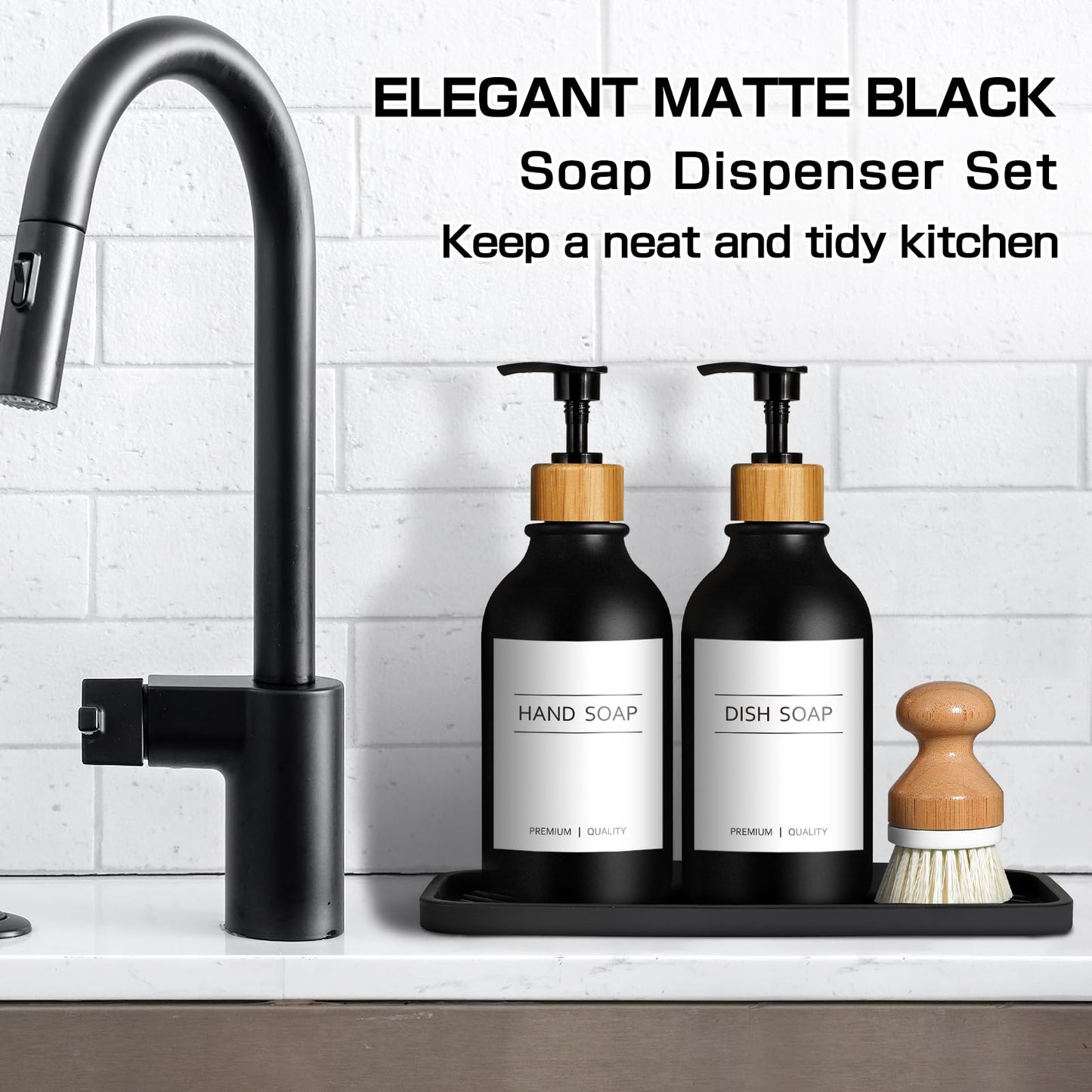GMISUN Dish Soap Dispenser, Black Kitchen Soap Dispenser Set with Tray