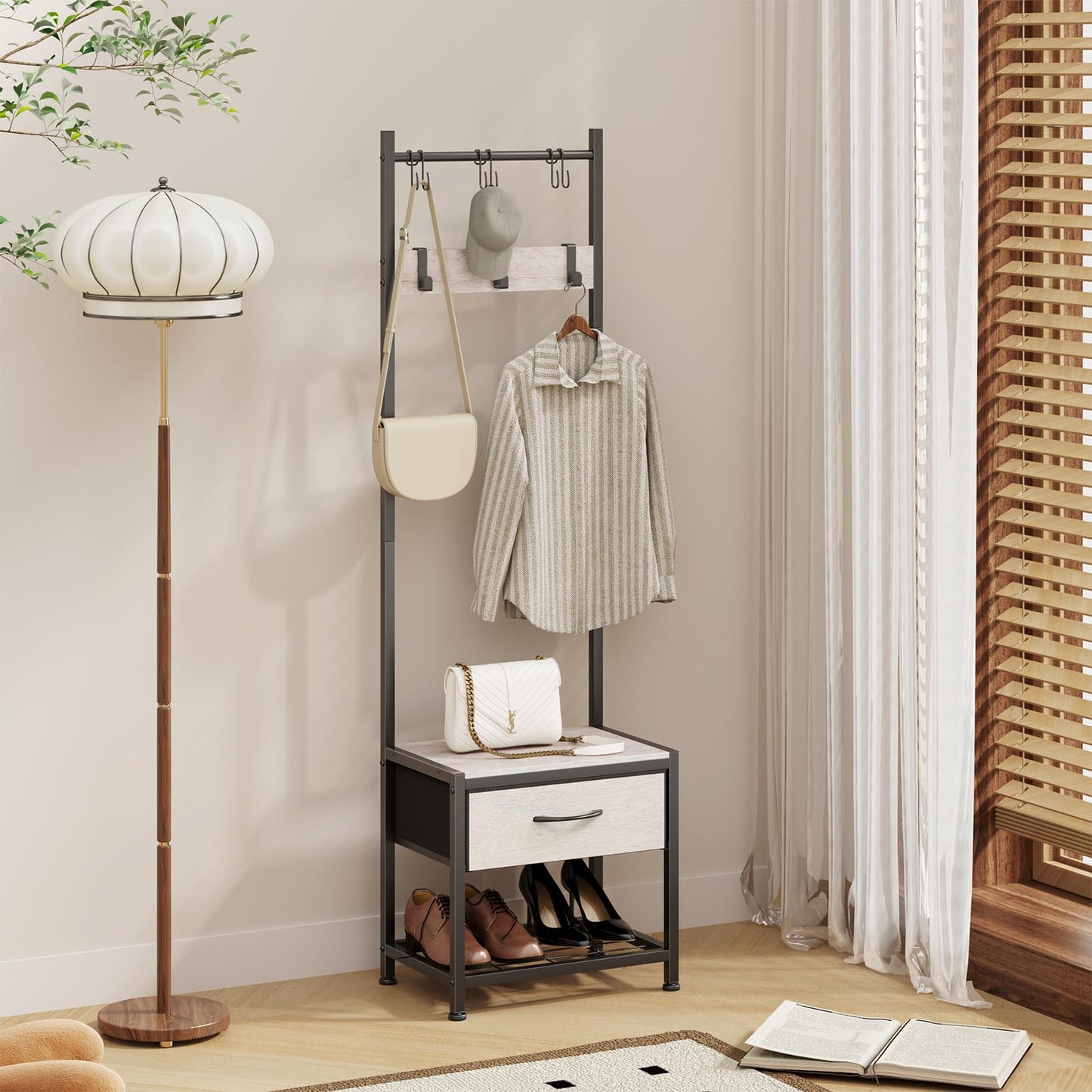 Narrow Coat Rack rustic Hall Tree Storage Unit 17.7"x12"x60.7" Greige