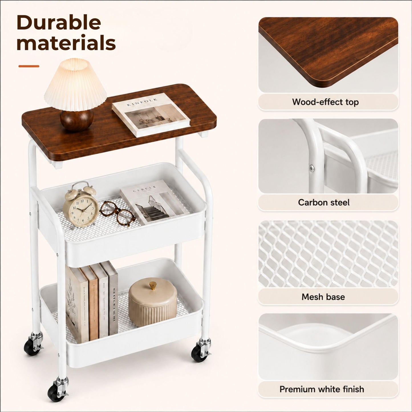 MAGIC SELECT Storage Trolley on Wheels 3 Tier. Rolling Storage Cart with Wooden Top. Metal Storage Trolley Organiser for Kitchen, Bathroom