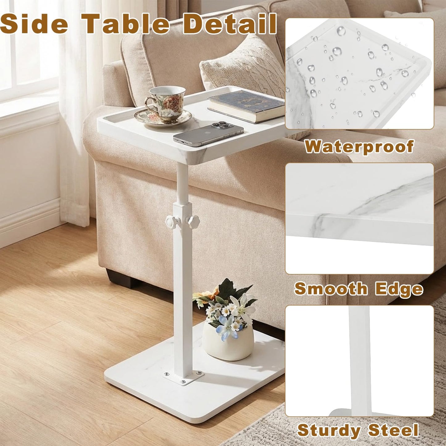 Simcat Adjustable Height C Shaped Side Table With Wheels, 360° Rotated Tray