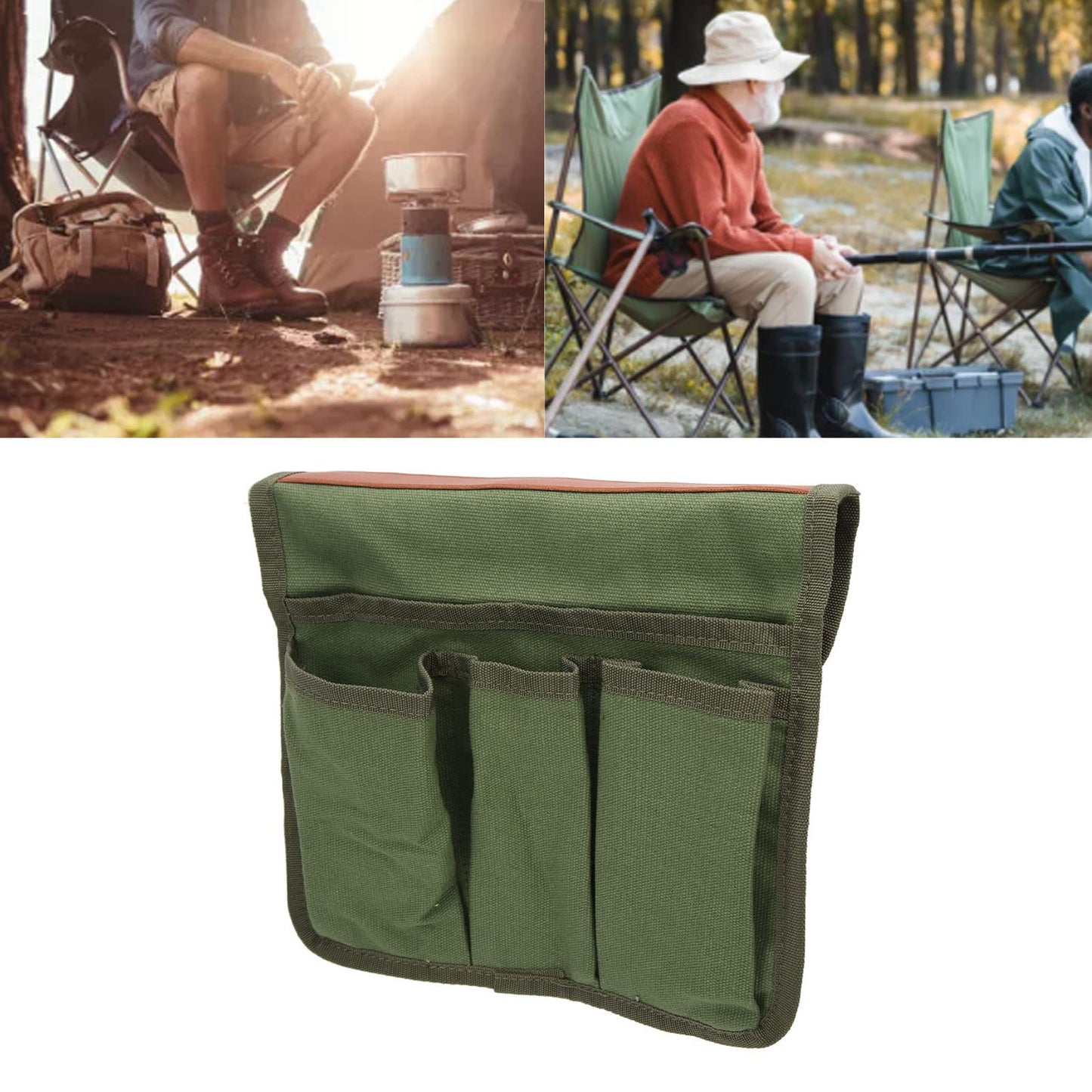 Alomejor Camping Chair Armrest Storage Bag with 3 Pouch Side Pocket for Outdoor Hiking (Military Green)
