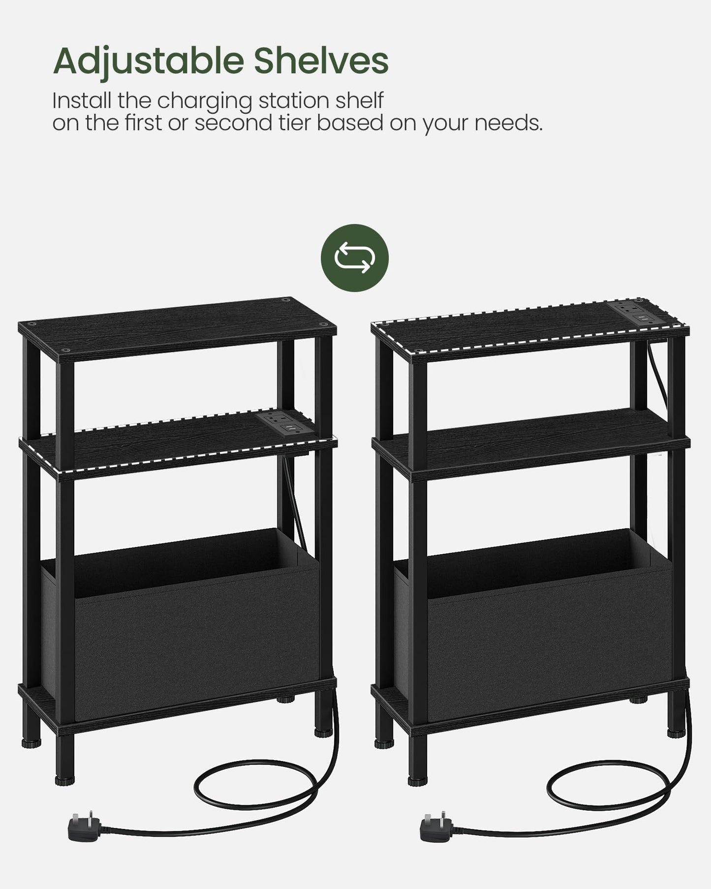 CHOEZON Slim Side Table with Charging Station, 3-Tier Narrow Side Table with Drawer, Skinny Bedside Table, End Table for Small Spaces, for Bedroom