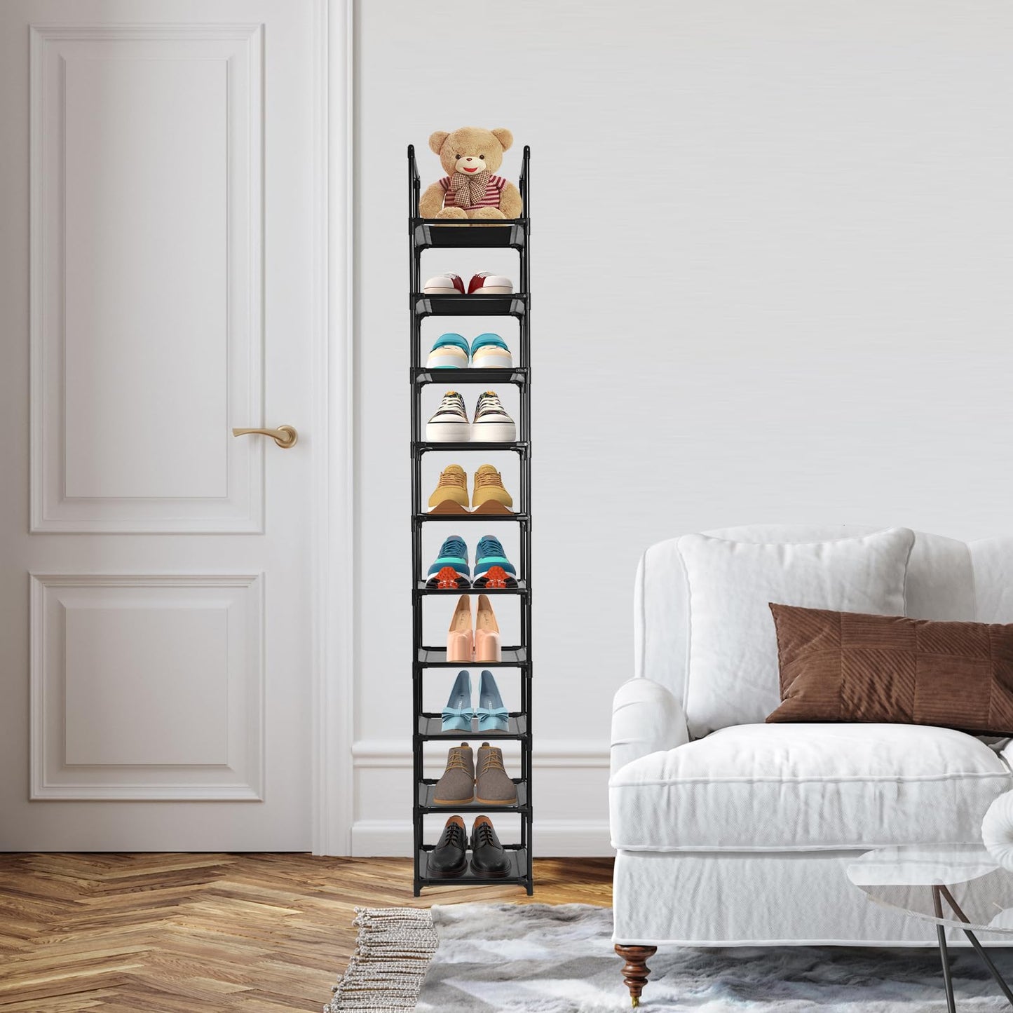 Dyserbuy 10 Tier Shoe Rack, Tall Shoe Storage Organizer, Narrow Shoe Stand Shelf, Home Space Saving Shoe Tower with Non-Woven Fabric for Living Room