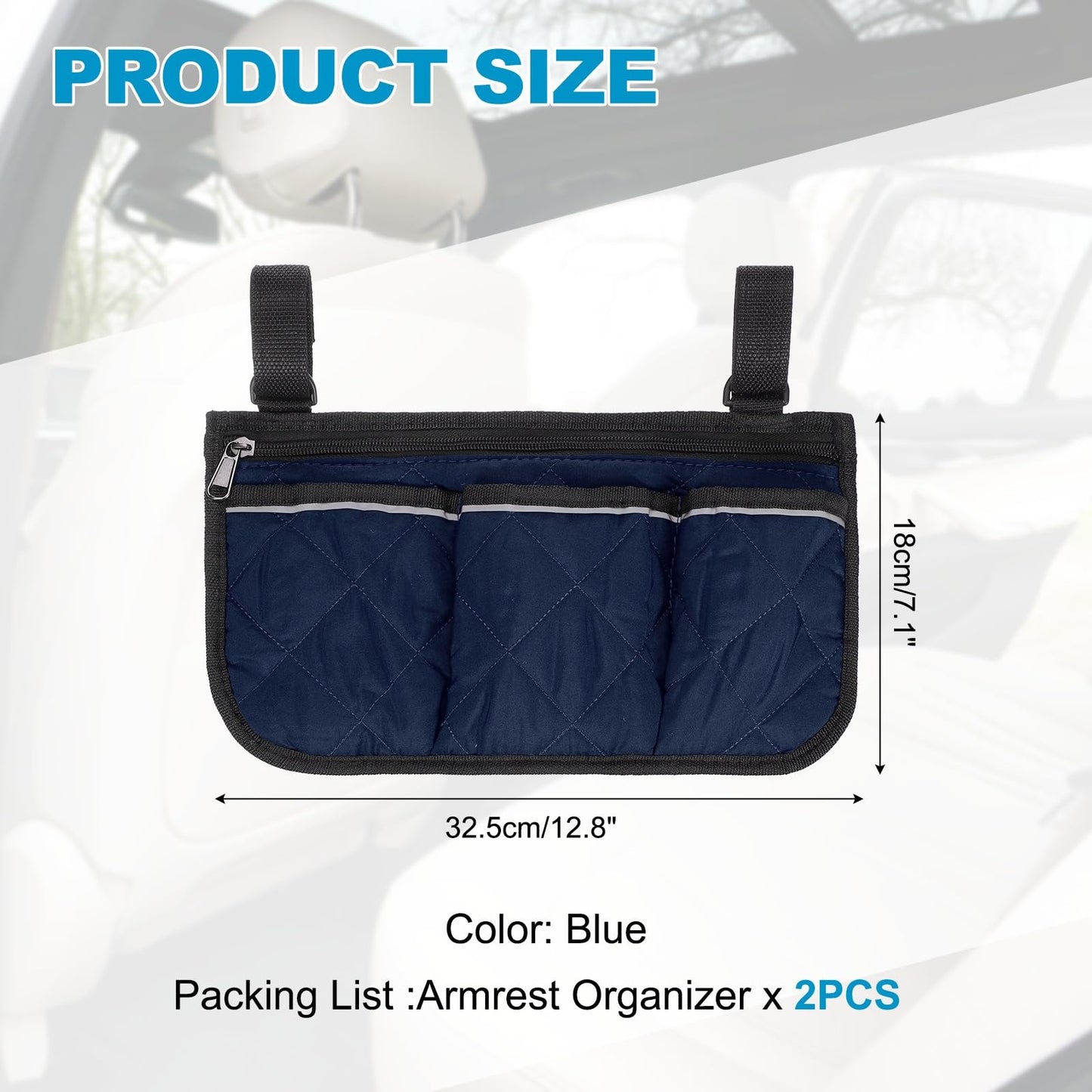 YELARXI Beach Chair Armrest Bag, Beach Side Bag Hanging Storage Organizer with Reflective 4 Pockets Waterproof Pouch 13 x 7" & 2Pcs & Blue - Fit for