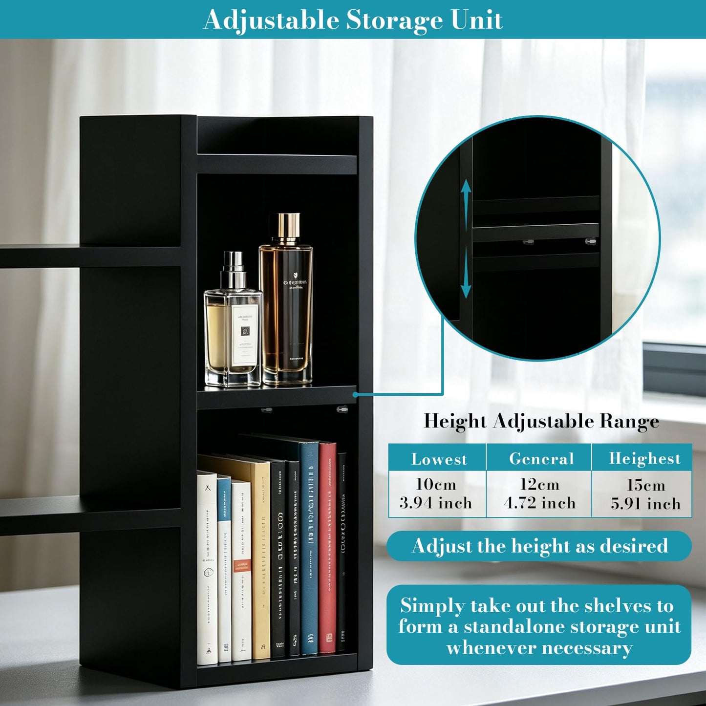 Rivosar Wooden Desktop Bookshelf, Expandable Desk Shelf with Storage Unit