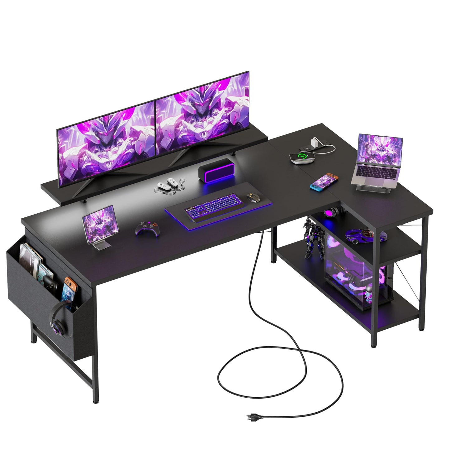 Mericonia Corner Desk, w. Monitorstand & Built-in Socket, 140x70cm, Black