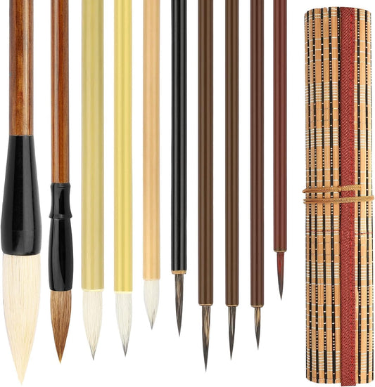 Linkstyle Chinese Calligraphy Brush Set, Mixed Size Japanese Kanji Sumi Brush Painting Ink Brushes for Beginners, 10PCS