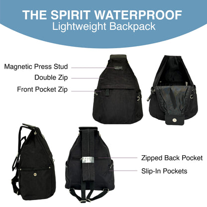 Spirit - Nylon Waterproof Backpack - Lightweight Rucksack with Multiple Pockets and Adjustable Straps - Travel and Holiday Backpack, Black