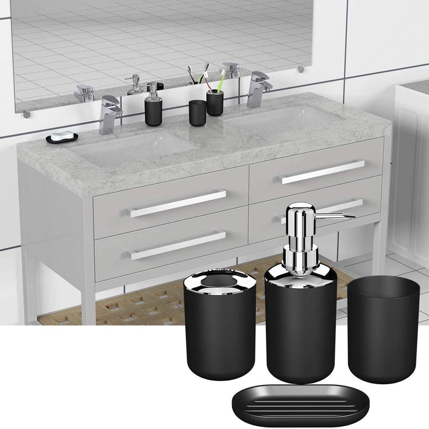 Hosoncovy 4 Pieces Bathroom Accessory Set with Soap Dispenser, Bathroom Cup, Soap Dish ，Toothbrush and Toothpaste Holder (Black)