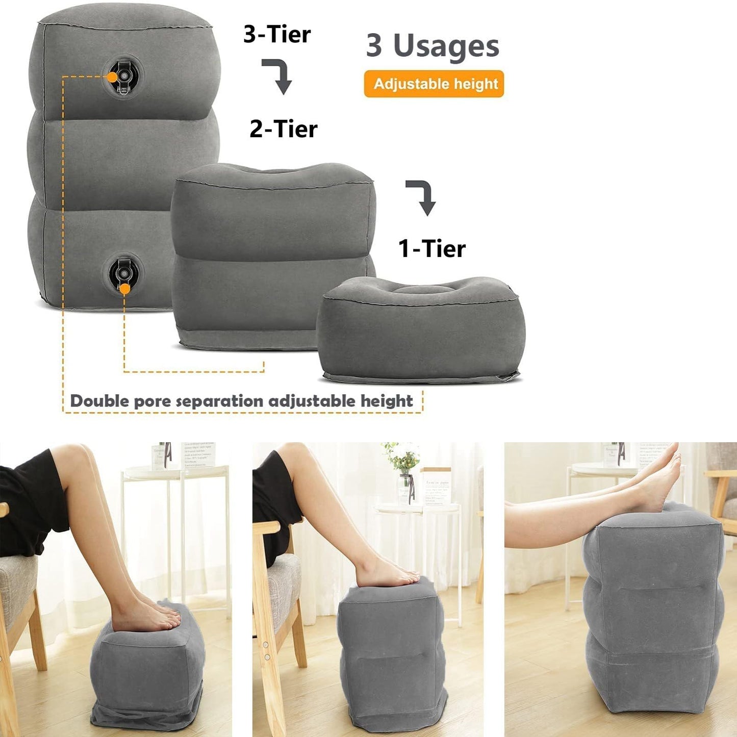 Inflatable Foot Rest Pillow, Airplane Travel Pillow, Multifunctional Adjustable 3 Layers Height Foot Rest
