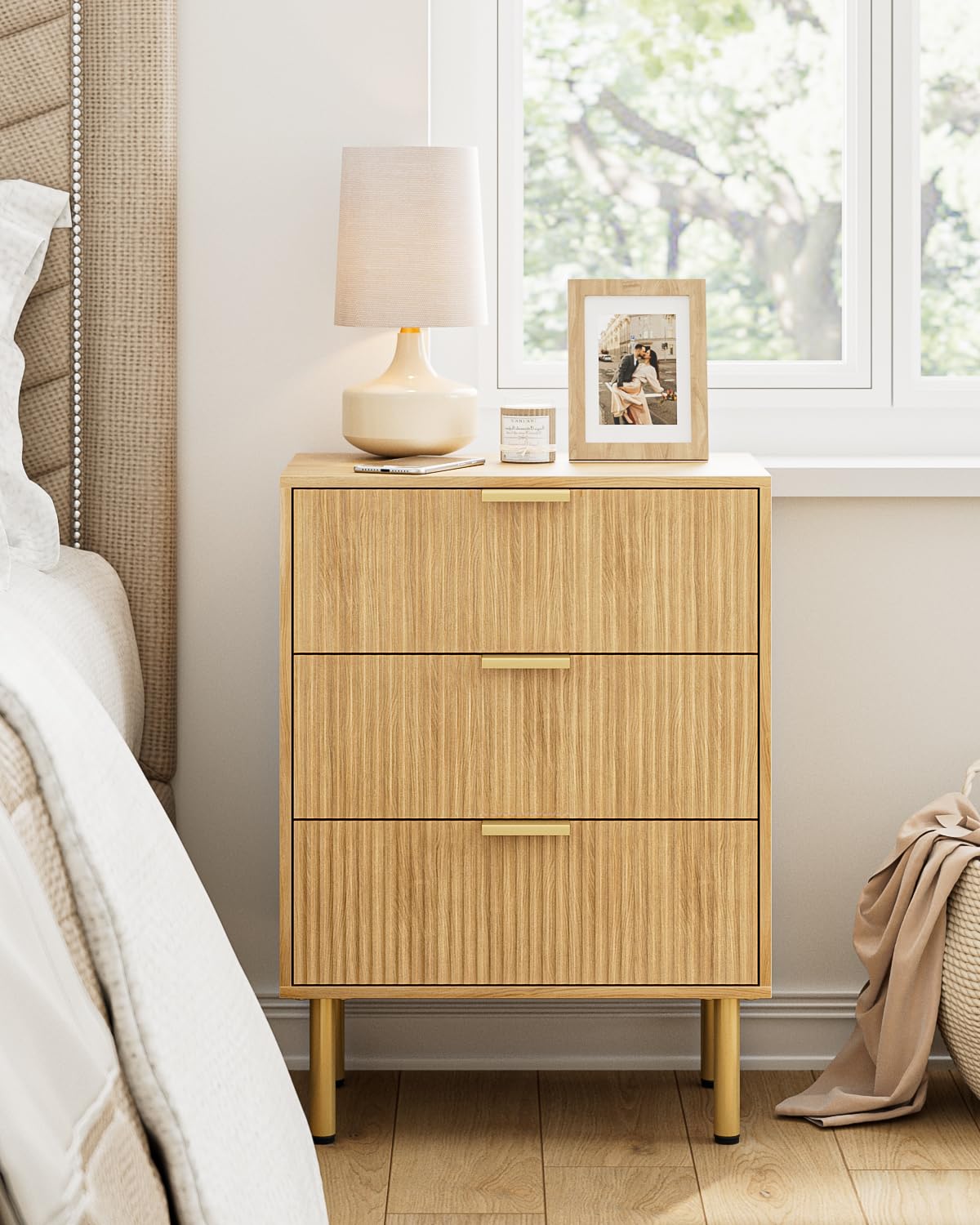 Apetaccat Bedside Table with 3 Drawers, Modern Bedside Cabniet with Metal Legs, Fluted Nightstand, Side Table for Bedroom, Living Room, Office, Oak