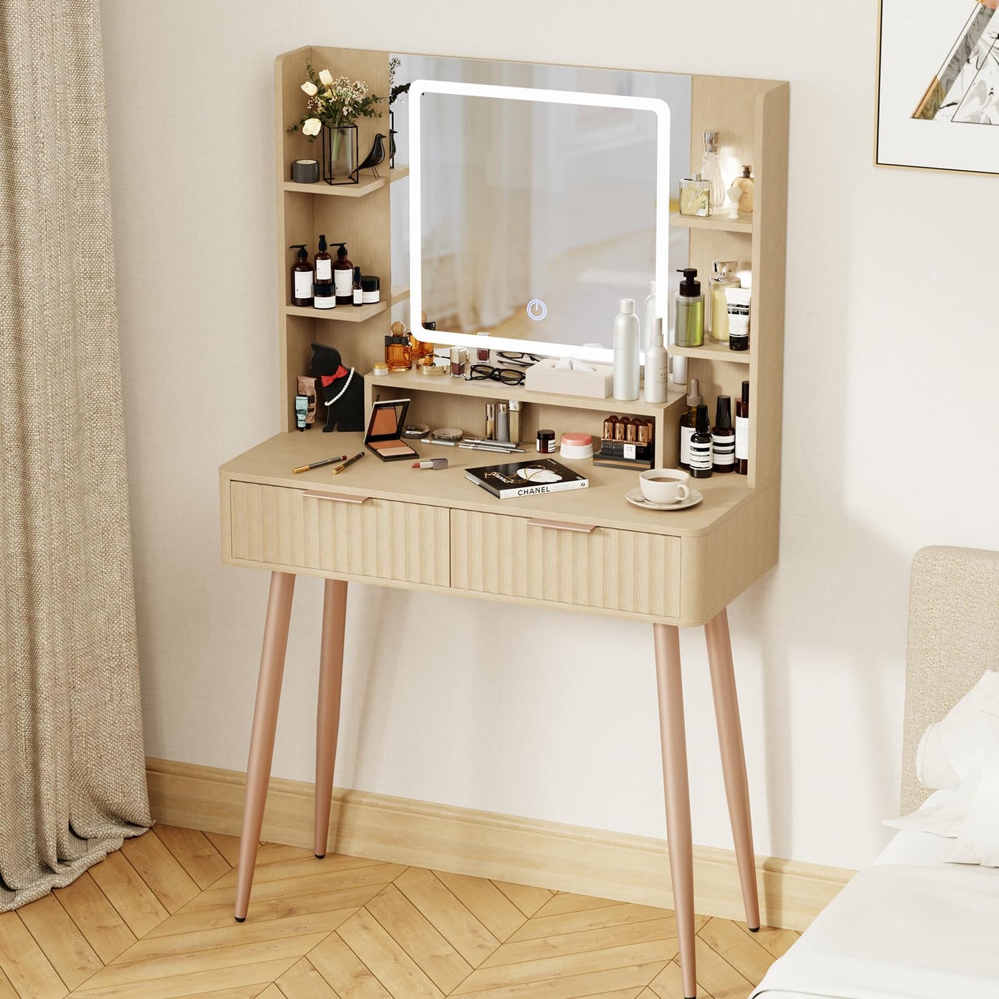 IKALIFE Wooden Dressing Table with Mirror and Lights, Small Vanity Table