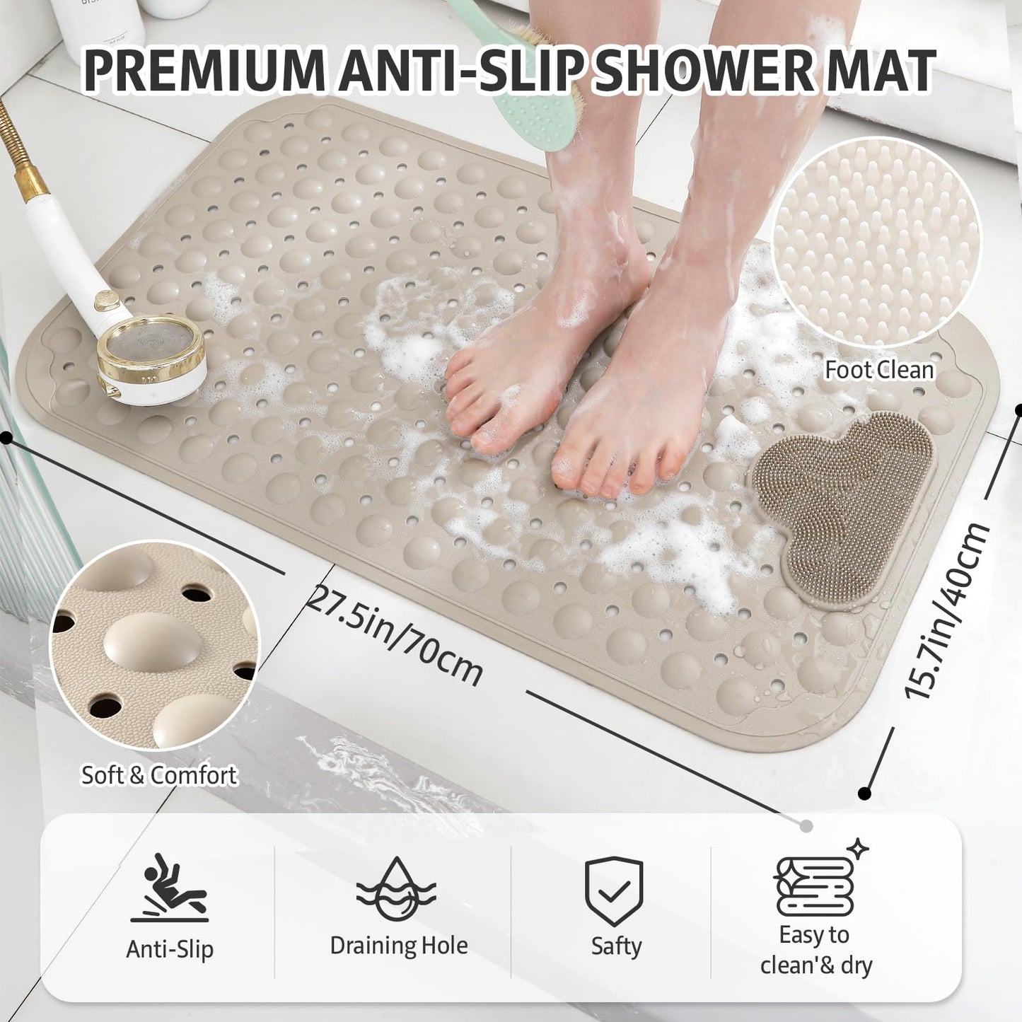 XIYUNTE Shower Mat Non Slip Anti Mould for Elderly, 70 x 40cm Non Slip Shower Mat for Inside Shower with Foot Massage