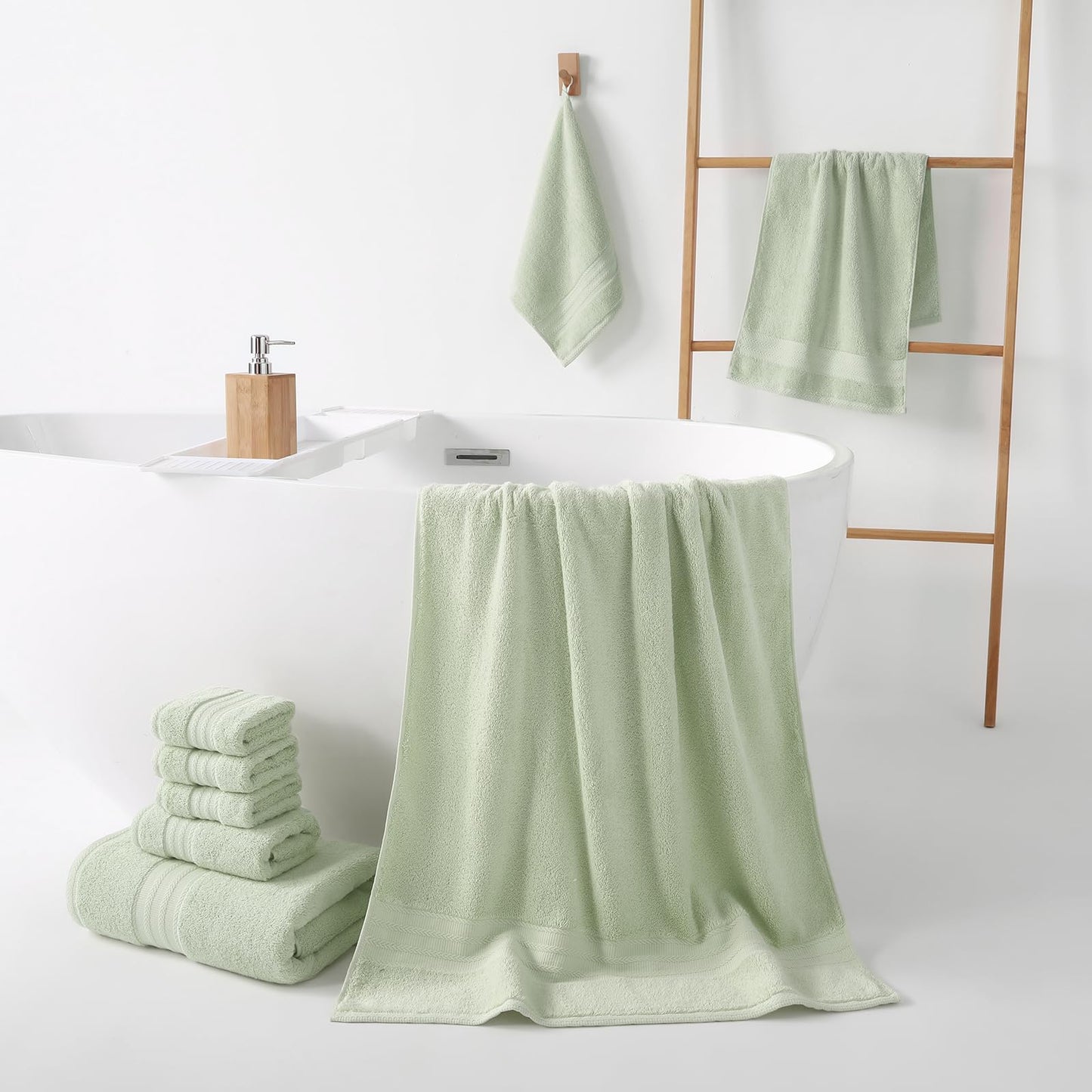 REDKISS 8 Piece Sage Green Towels Set with Hanging Loop-Quick Drying & Soft