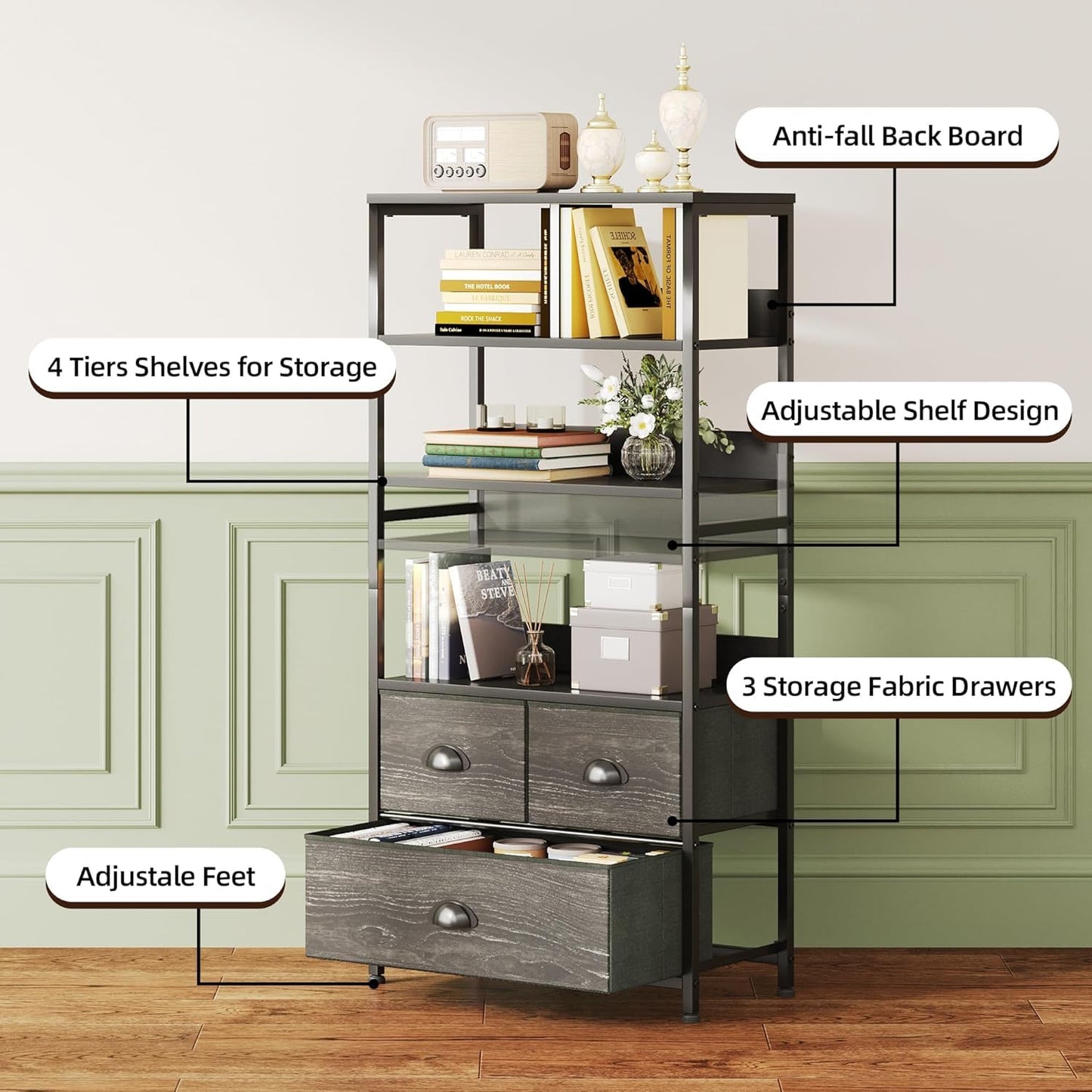 VERMESS 4-Tier Industrial Bookshelf with 3 Fabric Drawers, Storage Shelf, Bookcase with Doors, Adjustable Free Standing Display Shelf