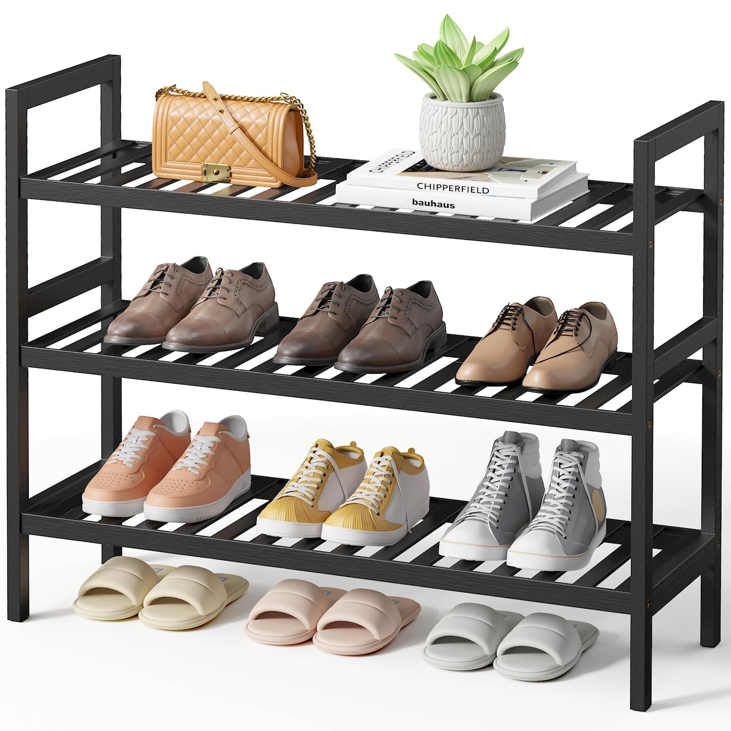 Kitsure Bamboo Shoe Rack – 3-Tier Bamboo Wooden Shoe Rack with Built-in Handle, Easy Assembly Shoe Storage for Entryway, Closet or Bedroom